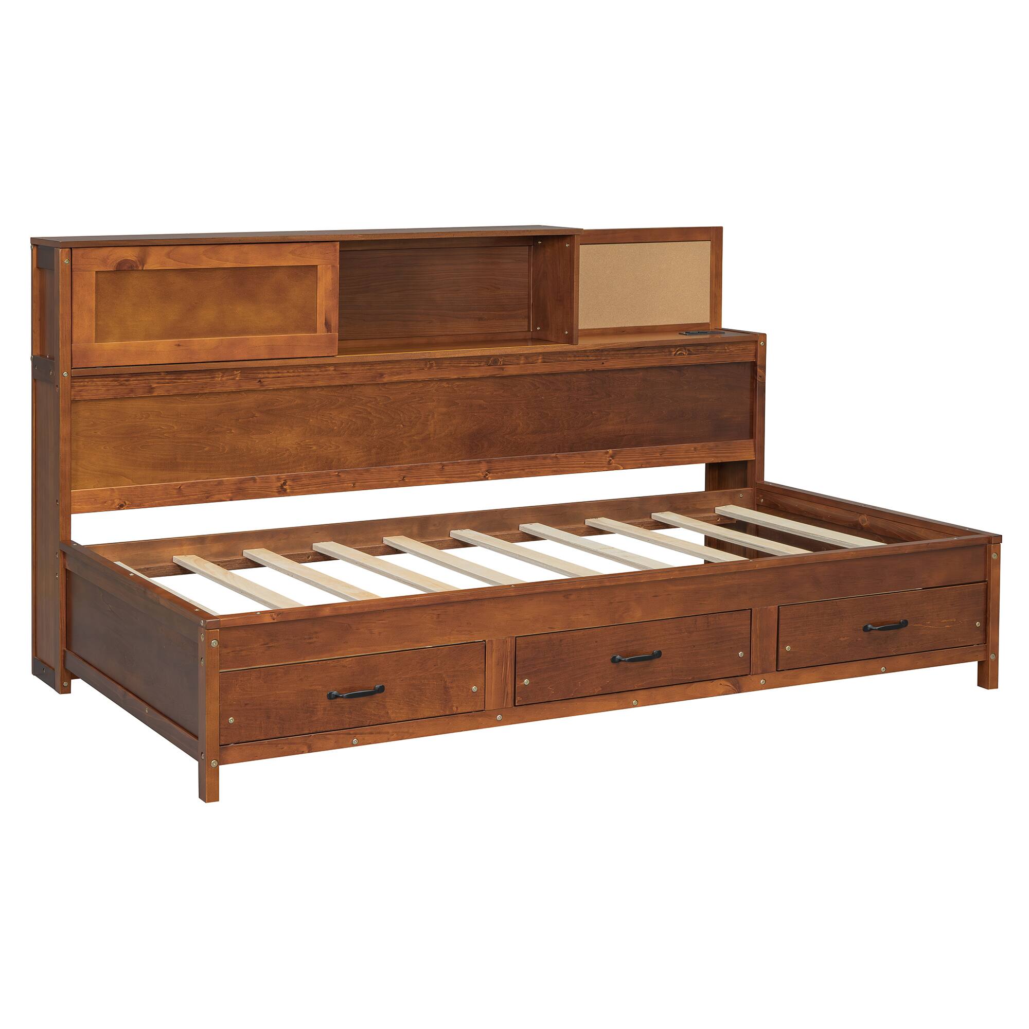 Alt View 1. Tiramisubest - Twin Size Wooden Daybed with 3 Storage Drawers, Upper Soft Board, shelf, and a set of Sockets and USB Ports, Walnut - Walnut.