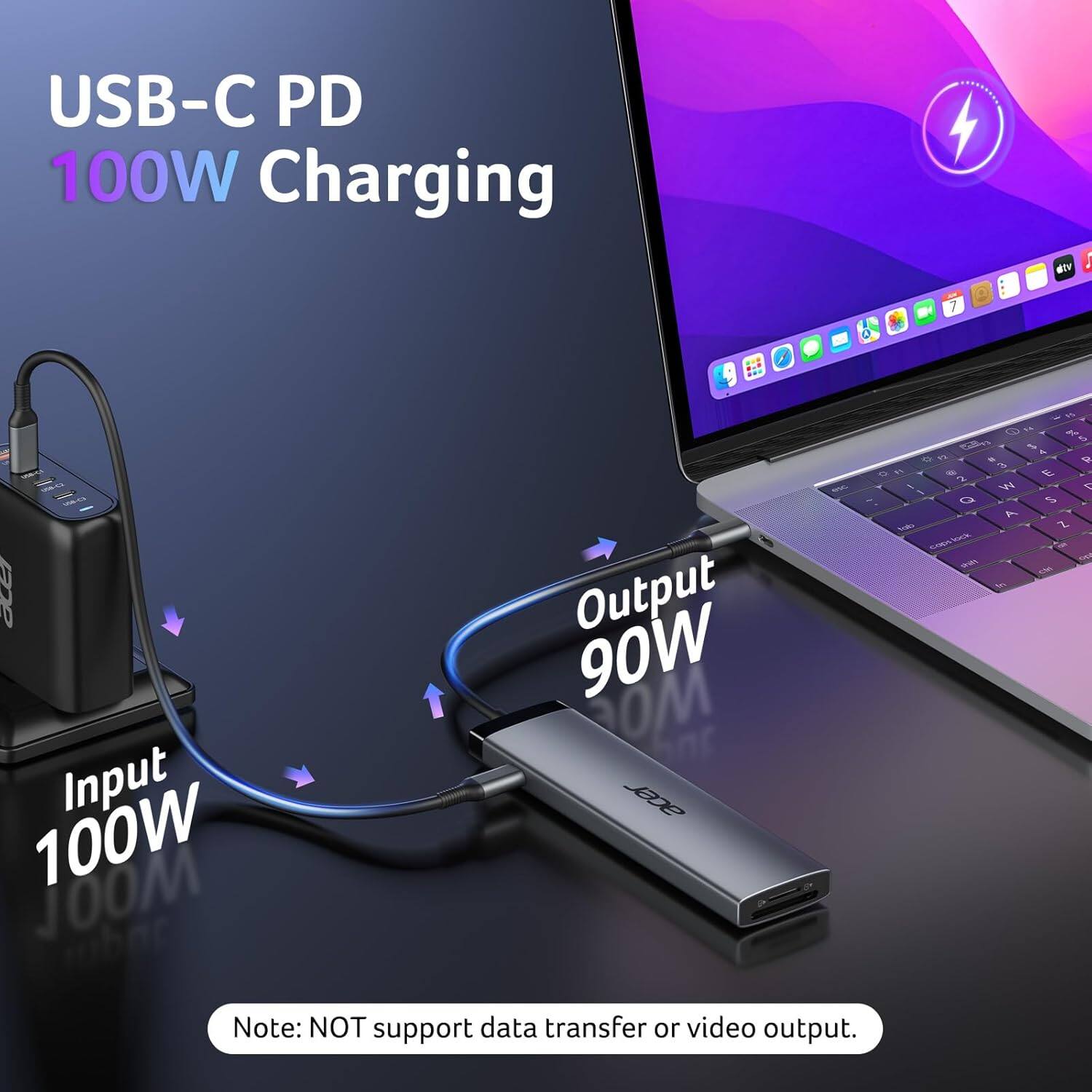 USB-C PD 100W Charging  
Input 100W  
Output 90W  
Note: NOT support data transfer or video output.