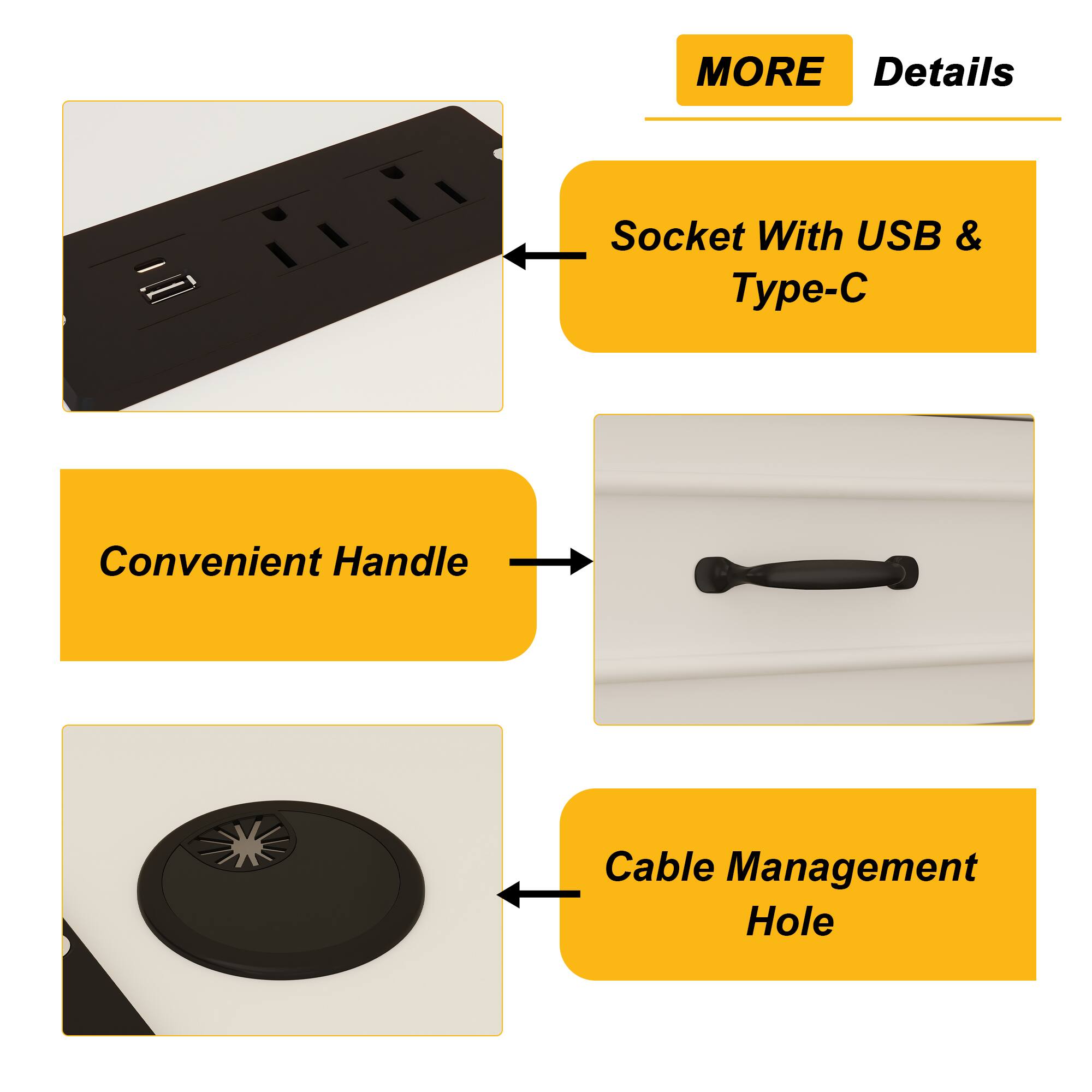 MORE Details
Socket With USB & Type-C
Convenient Handle
Cable Management Hole