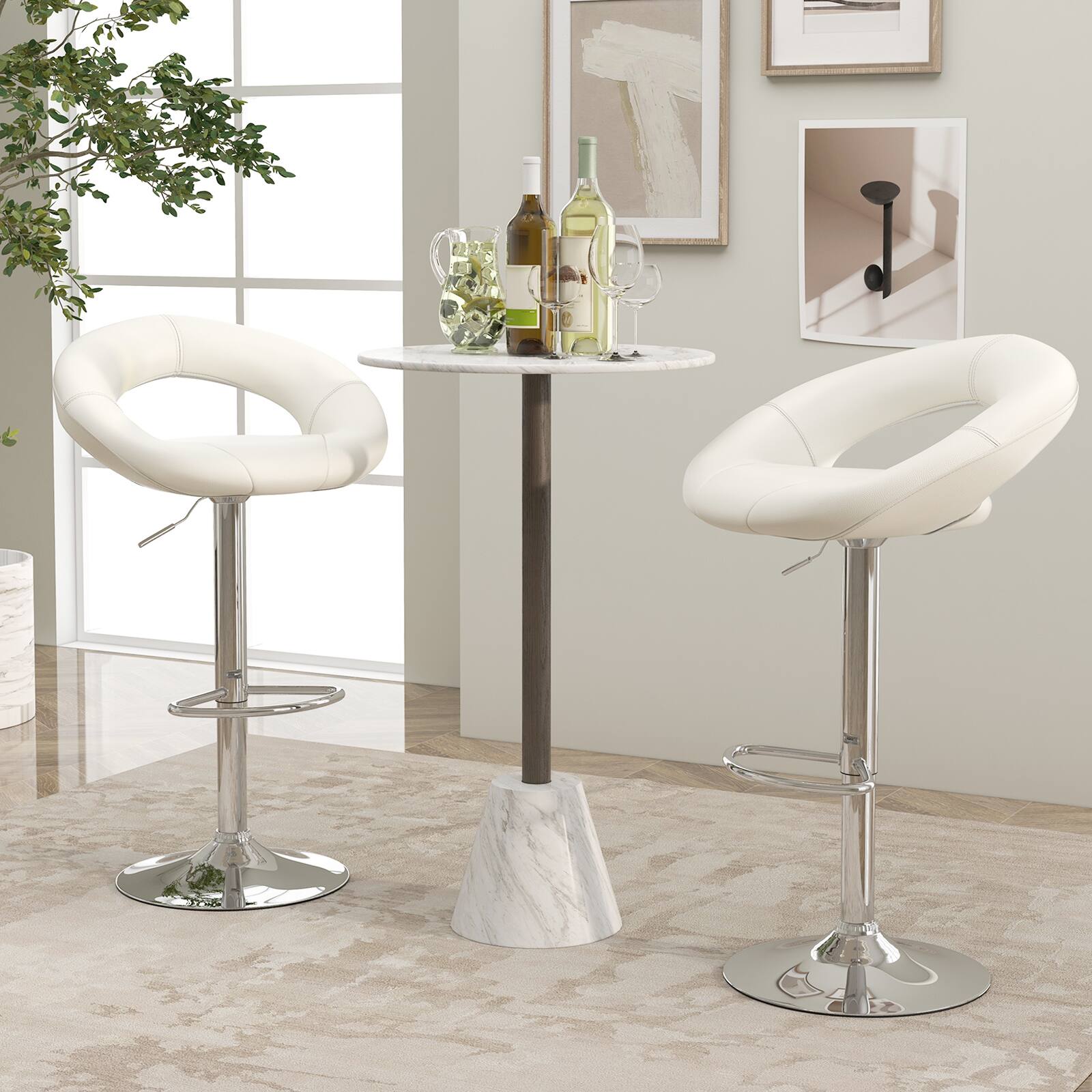 Alt View 1. Ecooso - Height Adjustable Bar Stools Set of 2 with Hollow Back and Footrest - White.