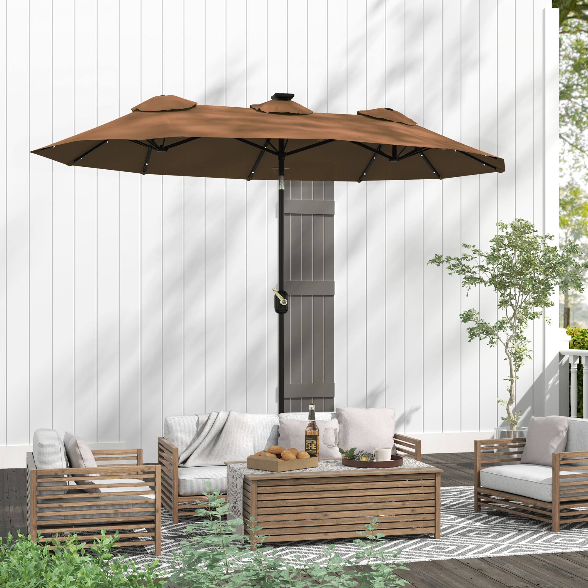 Alt View 5. Outsunny - Double Sided Patio Umbrella, 9.7' Large Outdoor Market Umbrella with LED Solar Light, Tilt and Crank, 3 Air Vents - Coffee.