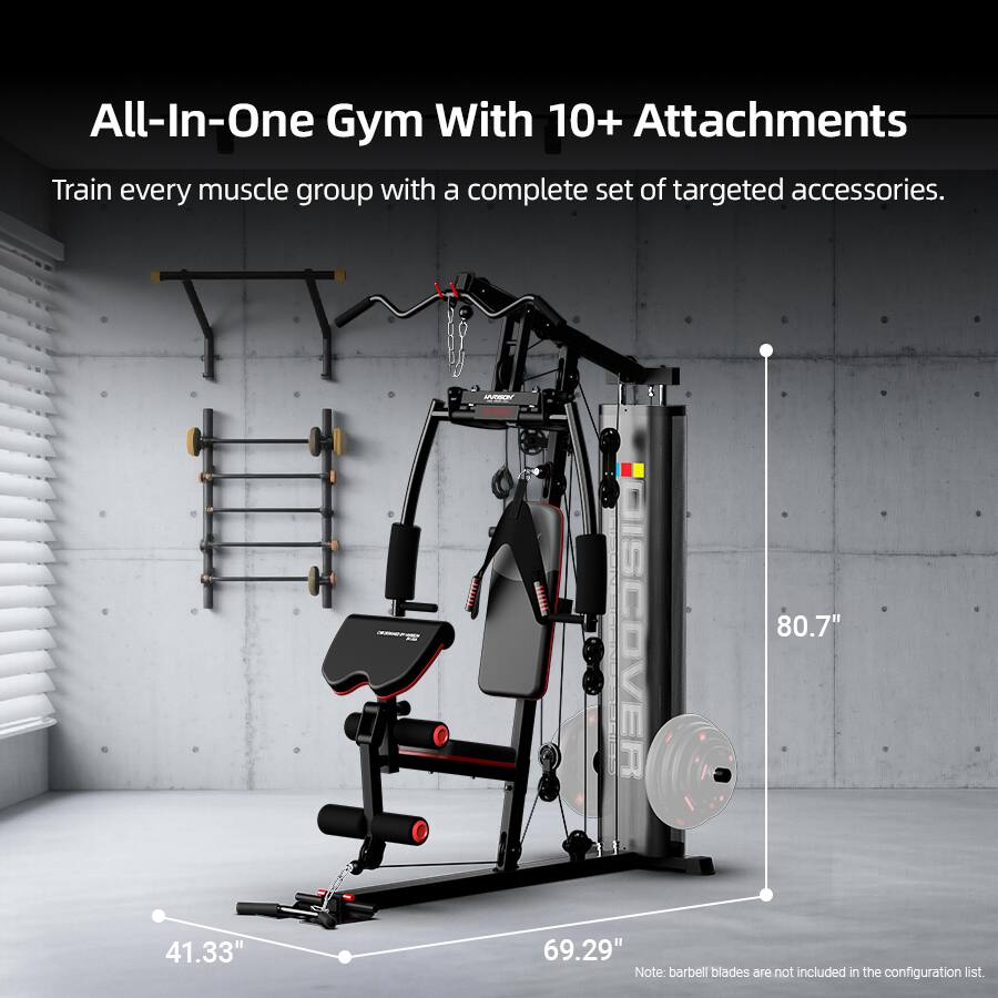 All-In-One Gym With 10+ Attachments  
Train every muscle group with a complete set of targeted accessories.  

41.33"  
69.29"  
80.7"  

Note: Barbell blades are not included in the configuration list.