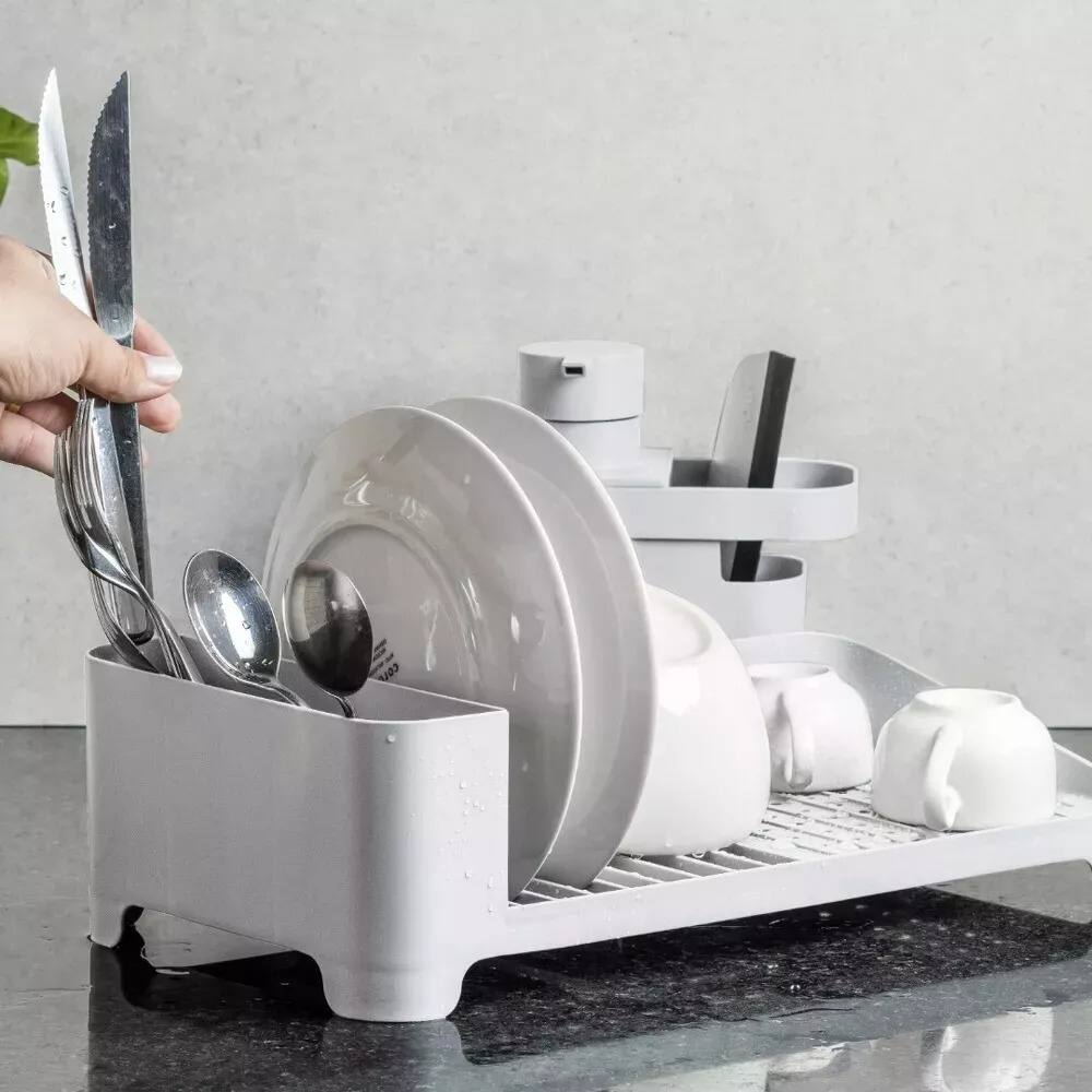 Left. OU - OU Kitchen Sink Organizer Set 3pc, Dish Rack, Cutlery Drainer & Soap Dispenser with Sponge Holder - White - White.