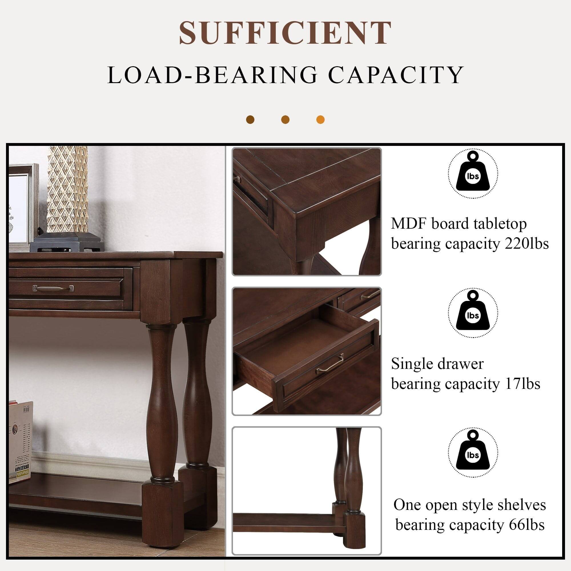 SUFFICIENT LOAD-BEARING CAPACITY

- MDF board tabletop bearing capacity 220lbs
- Single drawer bearing capacity 17lbs
- One open style shelves bearing capacity 66lbs