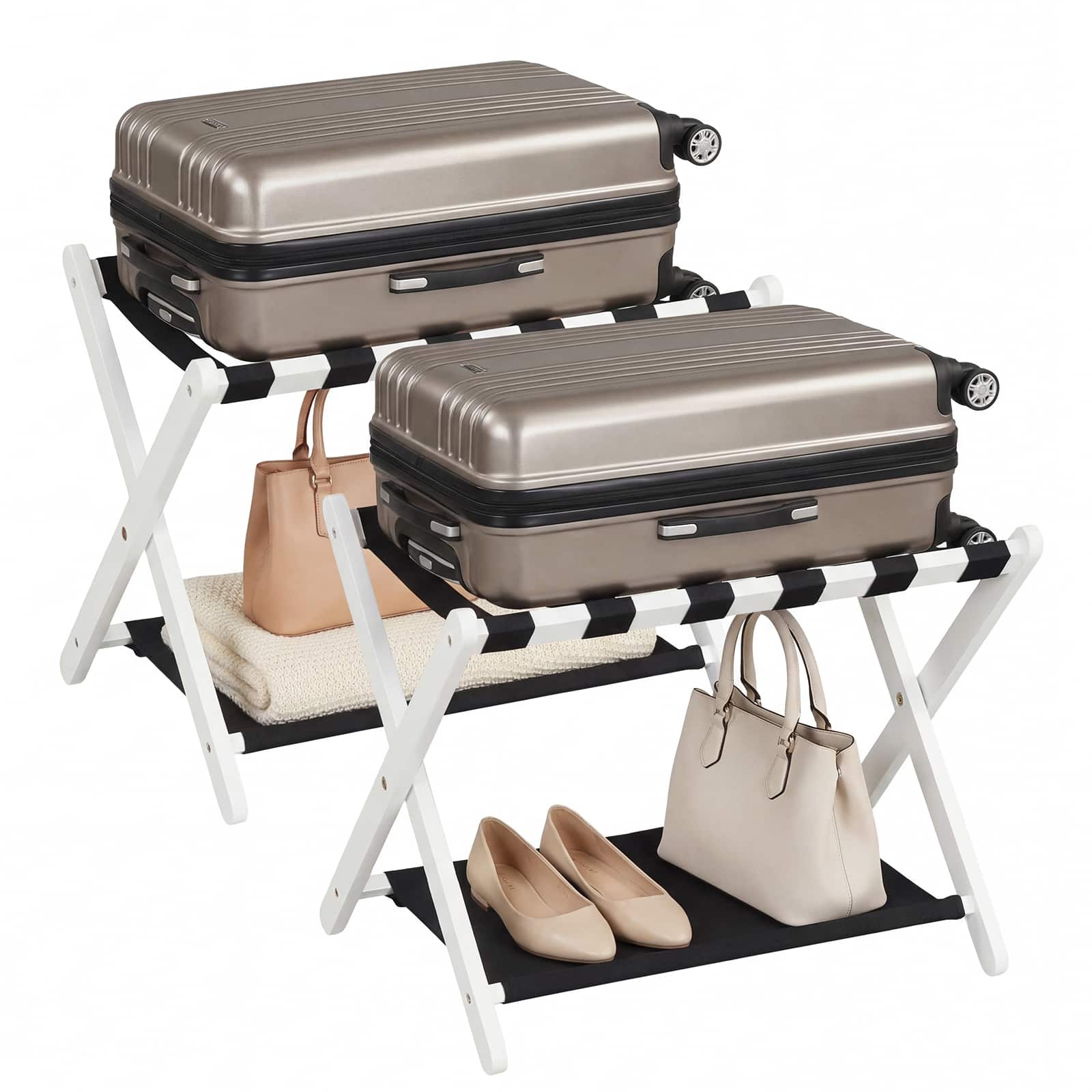Costway - 2 PCS Luggage Rack, Solid Rubberwood Suitcase Stand with Nylon Shelves, Portable - Black + White price history on PriceWatchPro