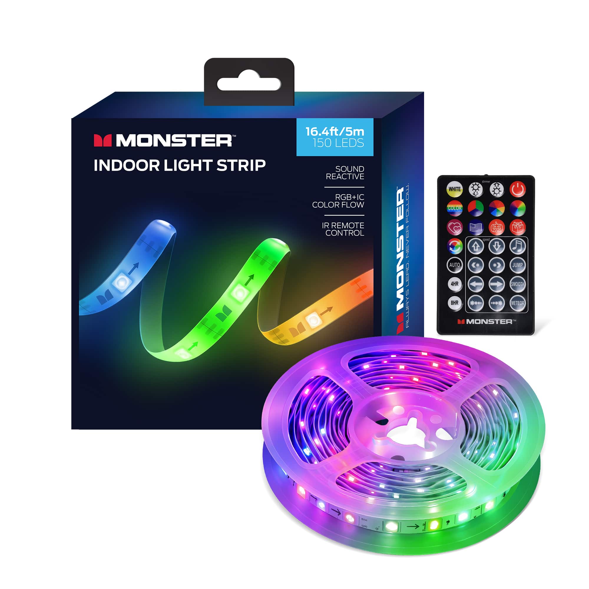 Monster - Indoor 16.4ft Sound-Reactive Color Flow LED Light Strip with Remote Control, USB Powered - Multicolor