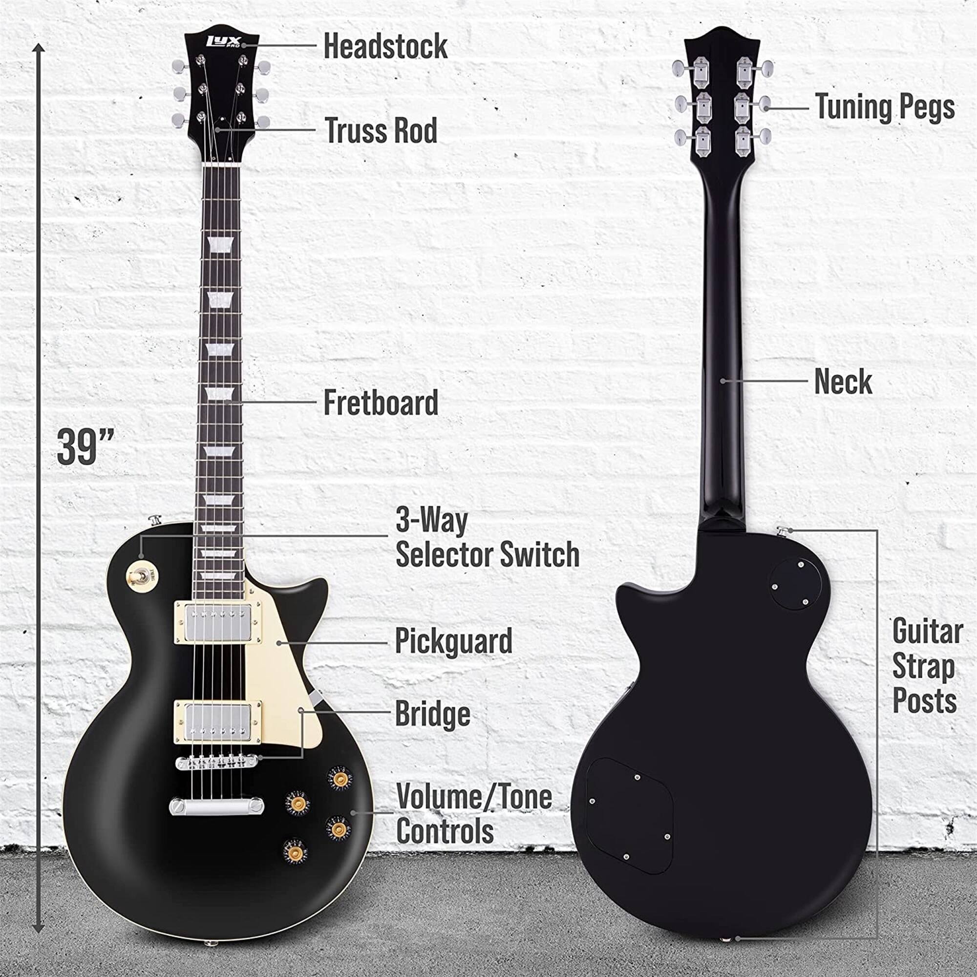 LUX Headstock Truss Rod Tuning Pegs 39" Fretboard Neck 3-Way Selector Switch Pickguard Bridge Guitar Strap Posts Volume/Tone Controls