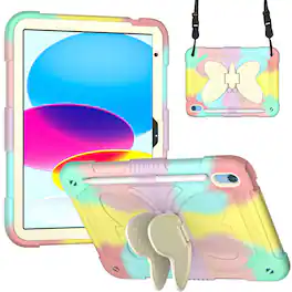 Dteck - for iPad A16 11th Generation 11 inch 2025/iPad 10th Generation 10.9 Inch 2022,Butterfly Stand with Shoulder Strap - Rainbow