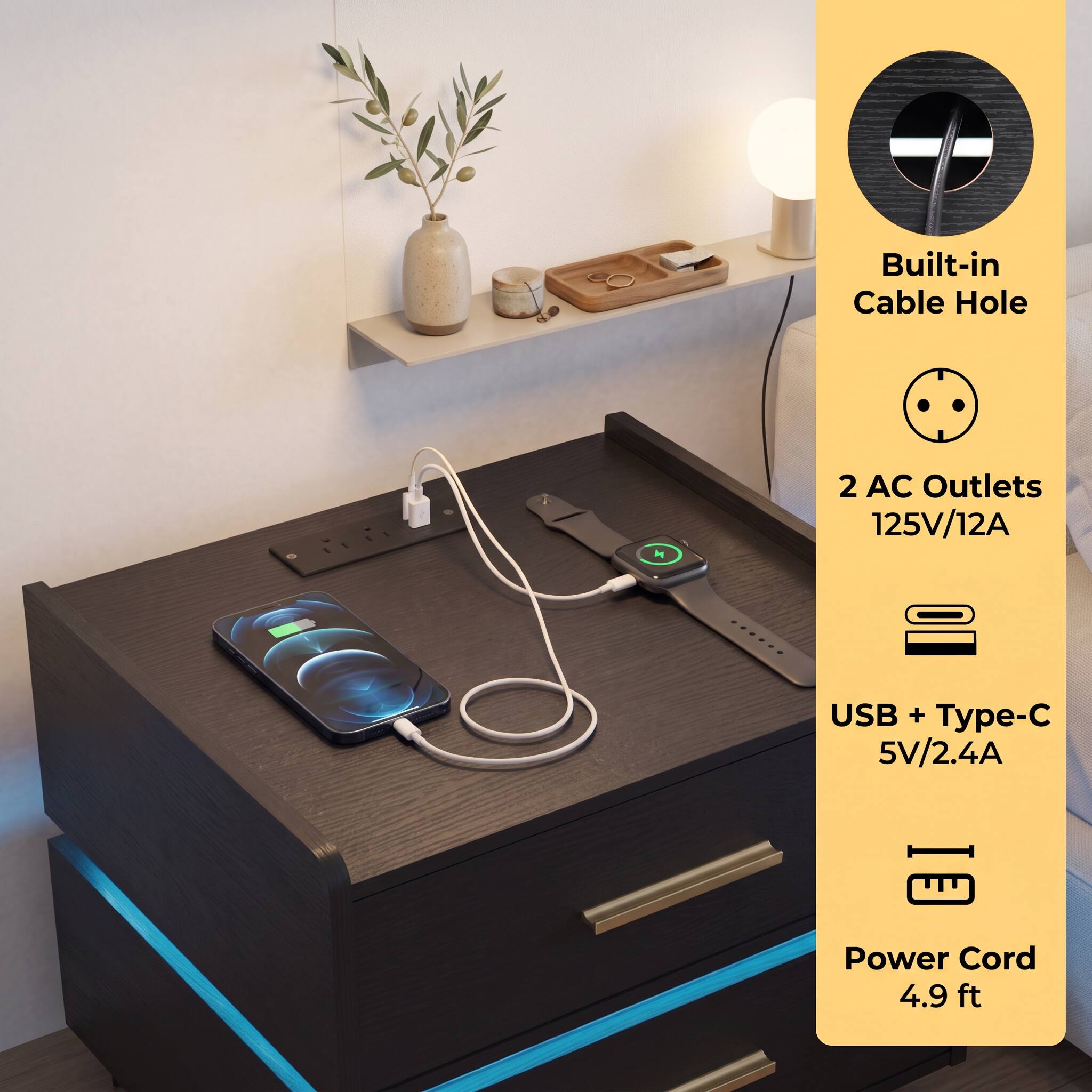Built-in Cable Hole

2 AC Outlets 125V/12A
USB + Type-C 5V/2.4A
Power Cord 4.9 ft