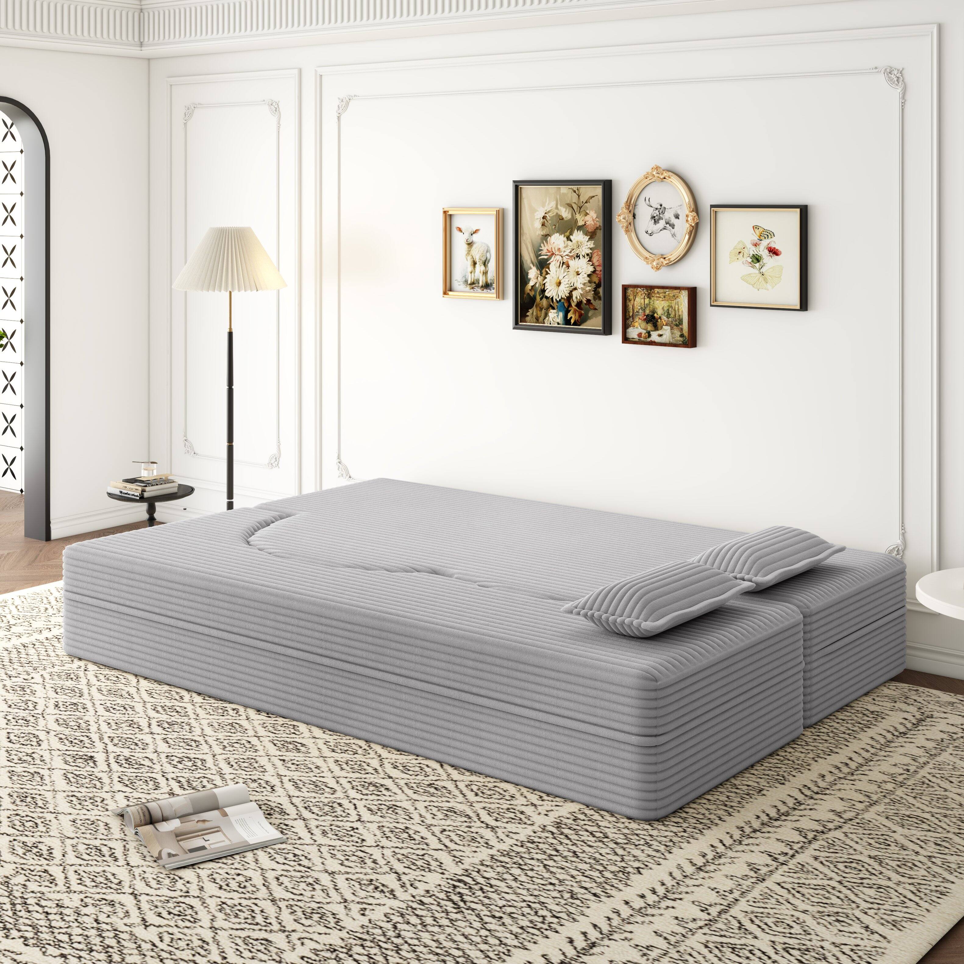 Left. Trinkets Crazed - Convertible Sleeper Sofa Bed,15" Thick Full Size Folding Floor Couch, Corduroy Foam-Filled Futon Loveseat Couch - Light Grey.