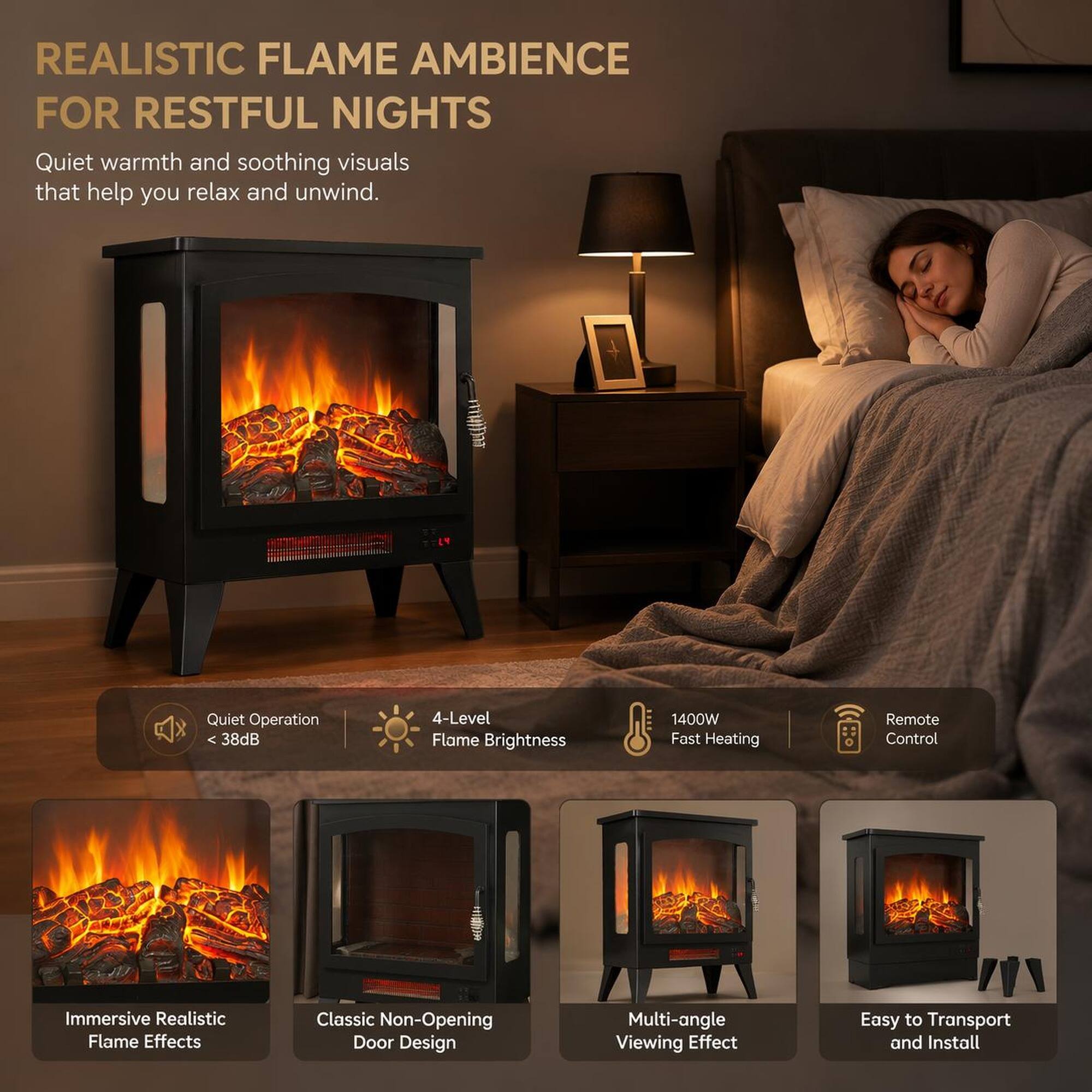REALISTIC FLAME AMBIENCE FOR RESTFUL NIGHTS

Quiet warmth and soothing visuals that help you relax and unwind.

- Quiet Operation < 38dB
- 4-Level Flame Brightness
- 1400W Fast Heating
- Remote Control
- Immersive Realistic Flame Effects
- Classic Non-Opening Door Design
- Multi-angle Viewing Effect
- Easy to Transport and Install