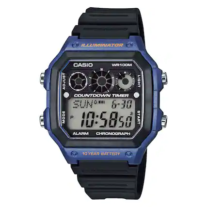 ILLUMINATOR
CASIO
WR100M
LIGHT
ADJUST
COUNTDOWN TIMER
6-30
10:58:50
START
MODE
P
ALARM
CHRONOGRAPH
10 YEAR BATTERY