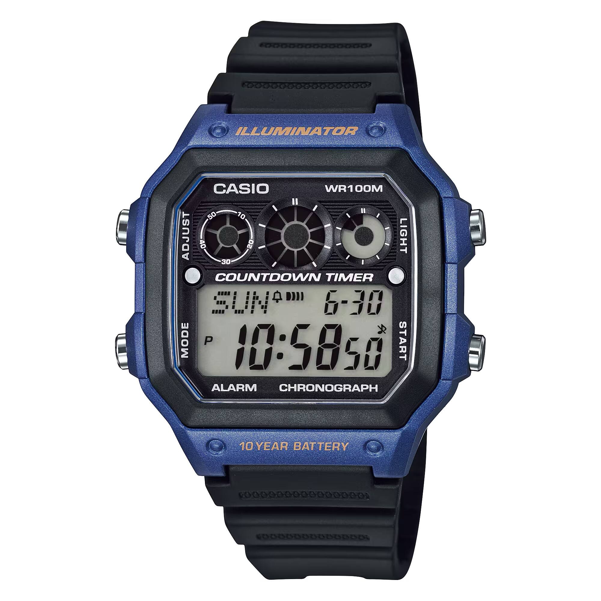 ILLUMINATOR  
CASIO  
WR100M  
LIGHT  
ADJUST  
COUNTDOWN TIMER  
6-30  
10:58:50  
START  
MODE  
P  
ALARM  
CHRONOGRAPH  
10 YEAR BATTERY