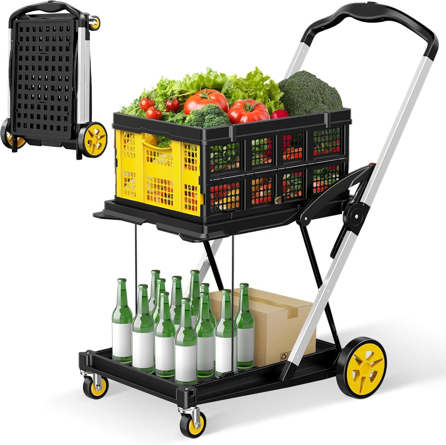 Alt View 5. Silvel - Collapsible Shopping Cart, 8-in-1 200LBS Multi Functional Utility Cart with 1 Storage Crate, Adjustable Handle - Yellow.