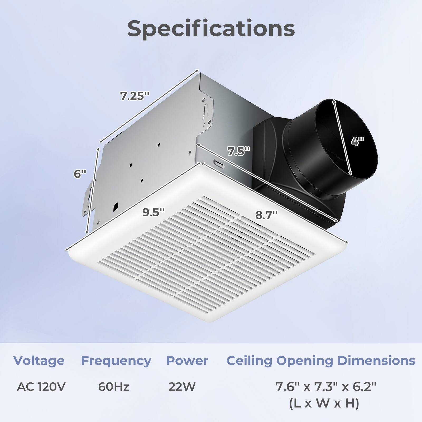 Specifications

- Voltage: AC 120V
- Frequency: 60Hz
- Power: 22W
- Ceiling Opening Dimensions: 7.6" x 7.3" x 6.2" (L x W x H)

Dimensions:
- 7.25"
- 7.5"
- 4"
- 6"
- 9.5"
- 8.7"