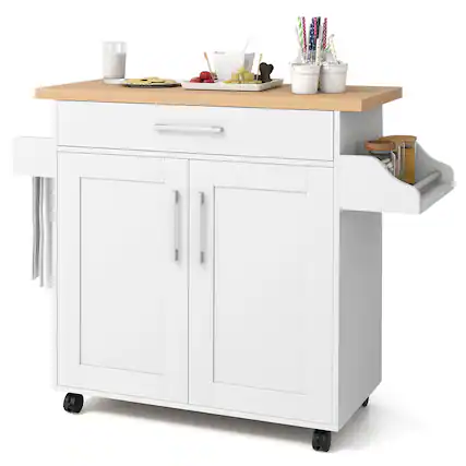 Front. Costway - Costway Rolling Kitchen Island Cart Storage Cabinet w/ Towel & Spice Rack - White.