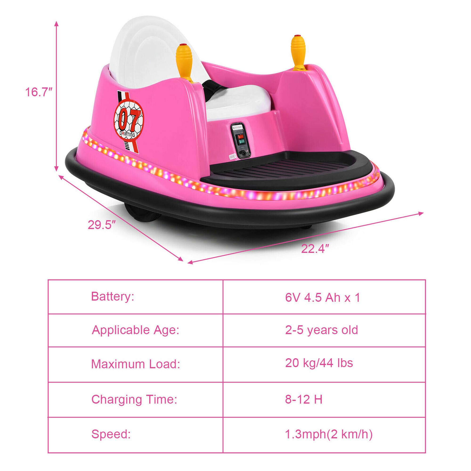 16.7"  
29.5"  
22.4"  

Battery:  
6V 4.5 Ah x 1  

Applicable Age:  
2-5 years old  

Maximum Load:  
20 kg/44 lbs  

Charging Time:  
8-12 H  

Speed:  
1.3mph (2 km/h)