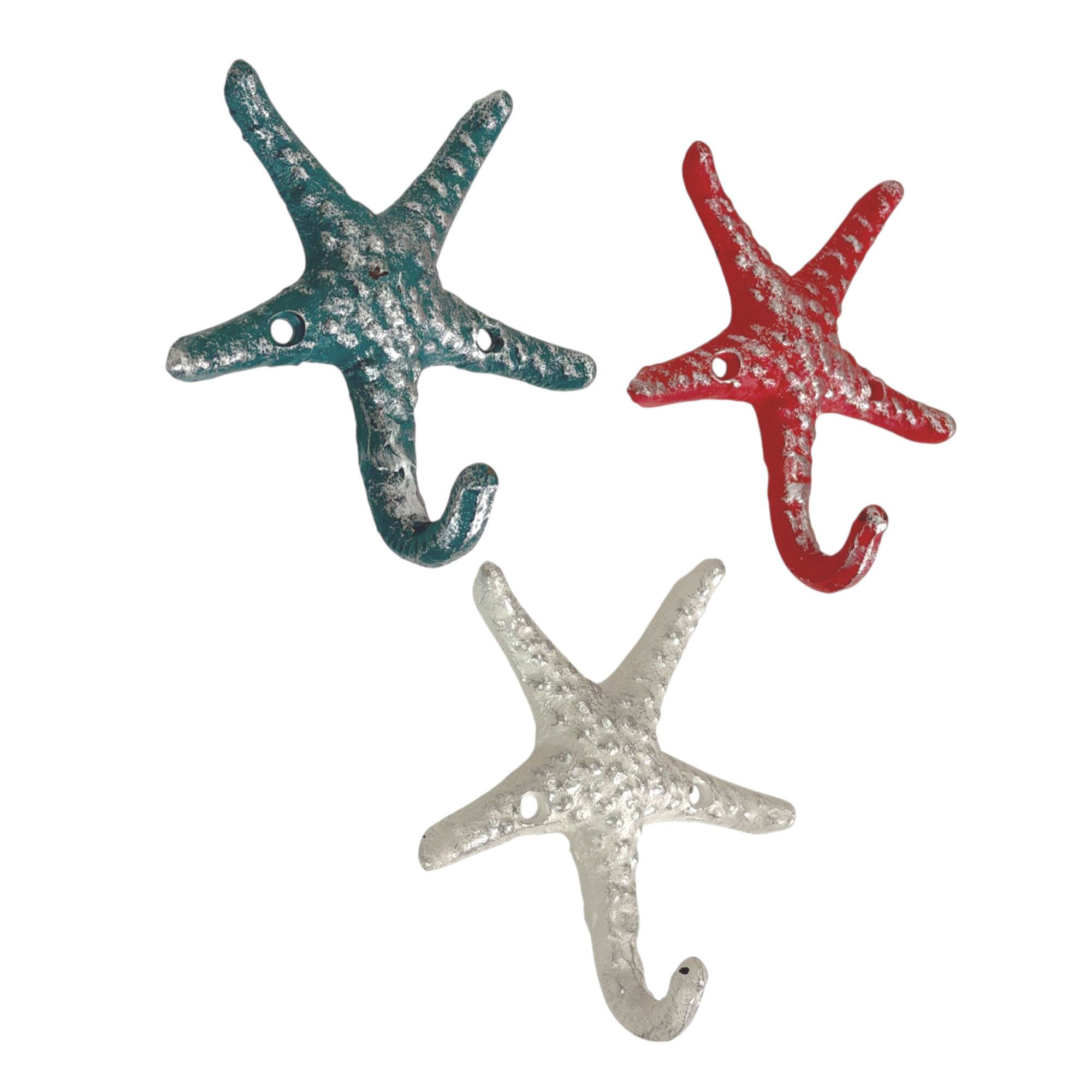 Alt View 1. Zeckos - Set of 3 Cast Iron Coral Starfish Decorative Wall Hooks Hangers 4 Inches - Coral.