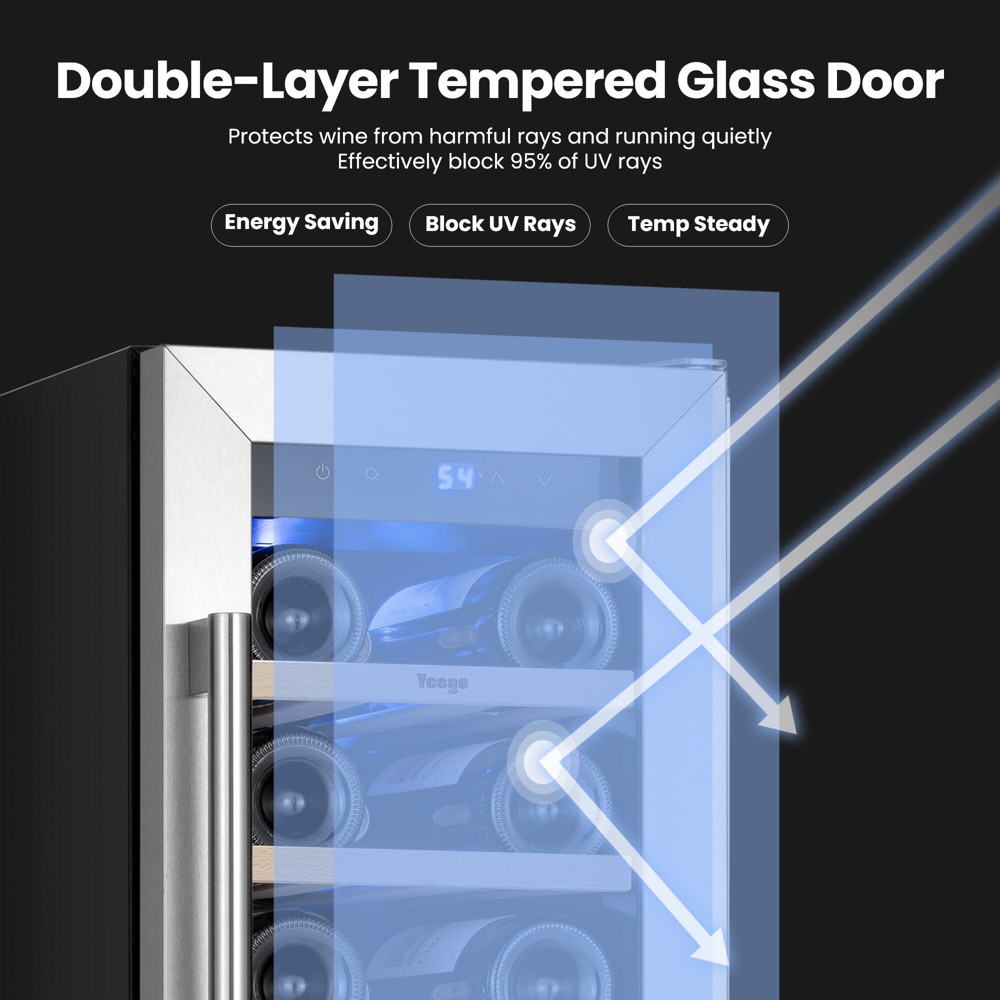 Double-Layer Tempered Glass Door  
Protects wine from harmful rays and running quietly  
Effectively block 95% of UV rays  
Energy Saving  
Block UV Rays  
Temp Steady