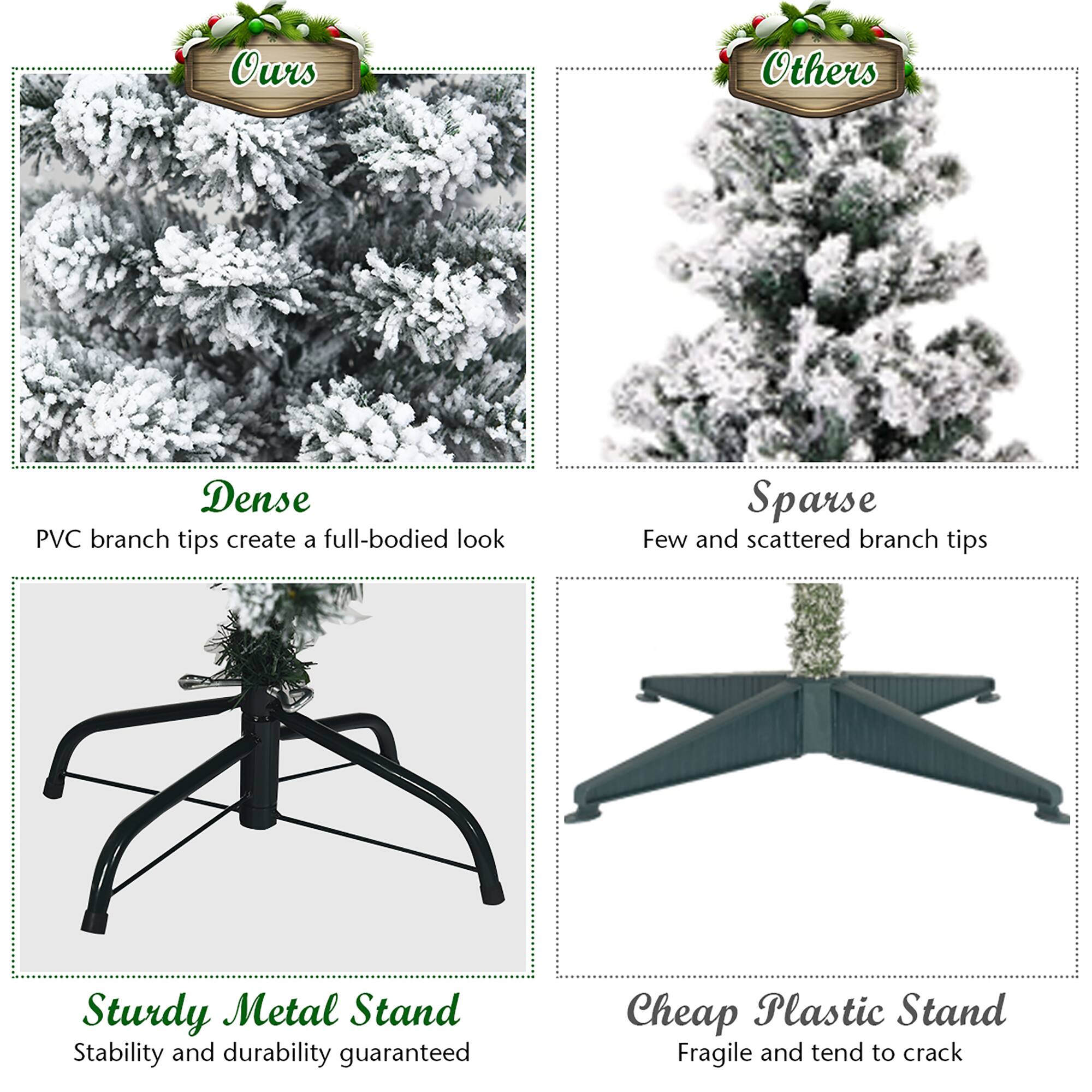 **Ours**

- **Dense**
  - PVC branch tips create a full-bodied look

- **Sturdy Metal Stand**
  - Stability and durability guaranteed

**Others**

- **Sparse**
  - Few and scattered branch tips

- **Cheap Plastic Stand**
  - Fragile and tend to crack