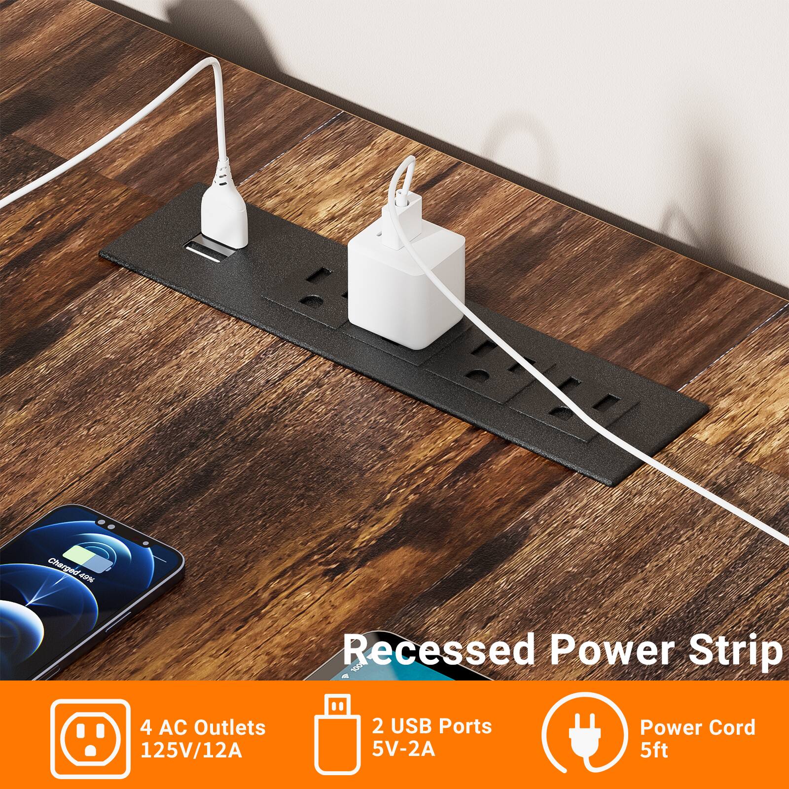 Recessed Power Strip

- 4 AC Outlets
- 125V/12A
- 2 USB Ports
- 5V-2A
- Power Cord 5ft