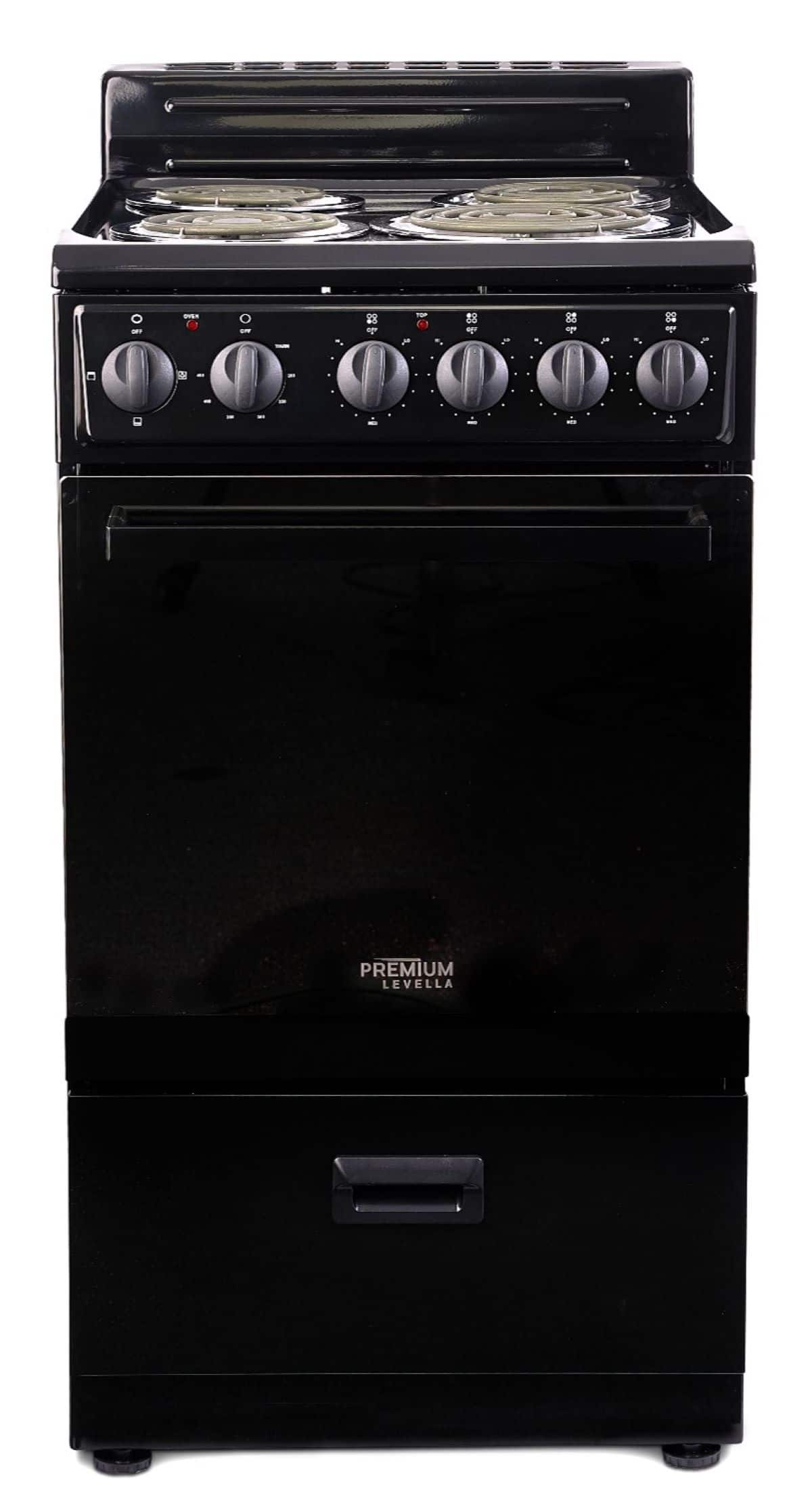 Premium Levella - 2.2 Cu Ft Freestanding Electric Coil Range In with Mirrored Glass Oven Door - Black