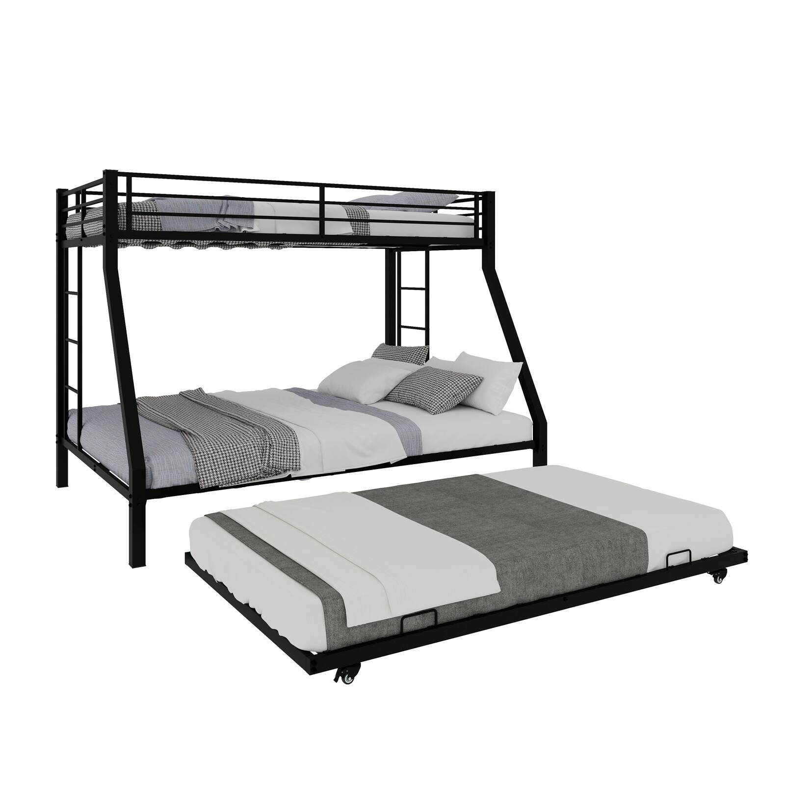 Alt View 8. Loheer - Loheer Twin XL Over Queen Metal Triple Bunk Bed with Trundle Heavy Duty Black Steel Frame - Black.