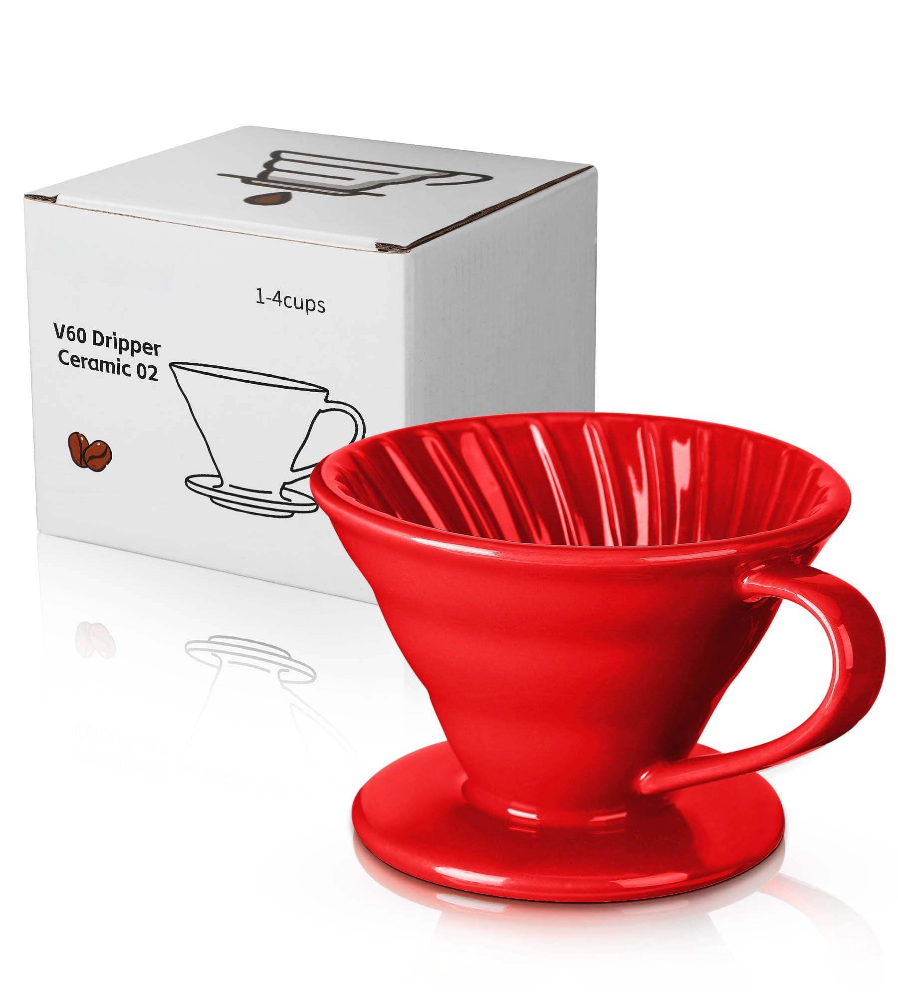 Fabibe - Pour Over Coffee Dripper - Ceramic Maker Cone Porcelain Drip Single Cup Manual Brew For Home Cafe Office 1-4cup V60 S - Red
