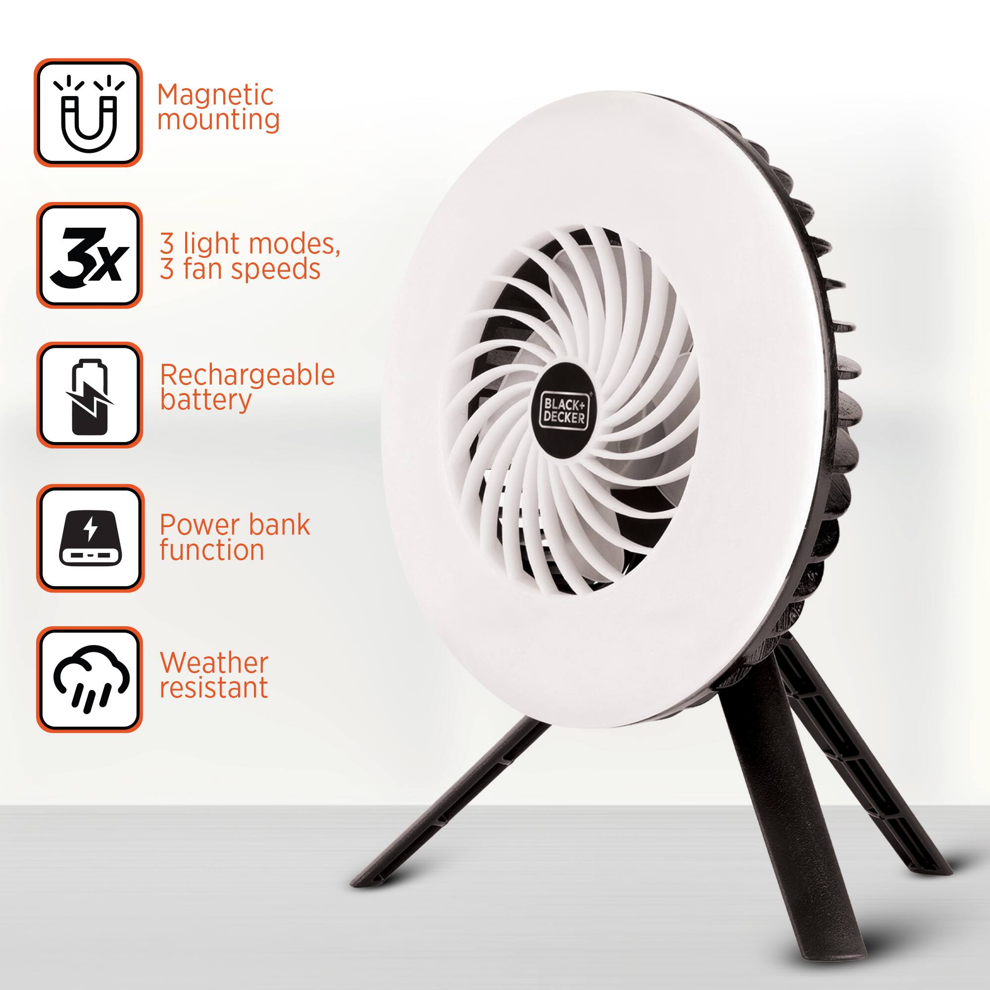 Magnetic mounting  
3 light modes, 3 fan speeds  
Rechargeable battery  
Power bank function  
Weather resistant