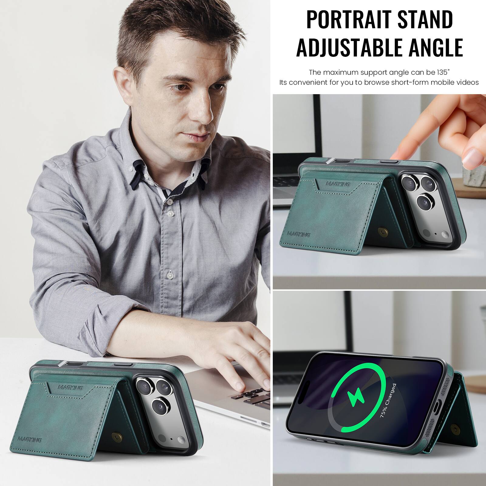 PORTRAIT STAND ADJUSTABLE ANGLE

The maximum support angle can be 135°

Its convenient for you to browse short-form mobile videos

1AAG MAGERIG G MARTWNS M Charged 75%