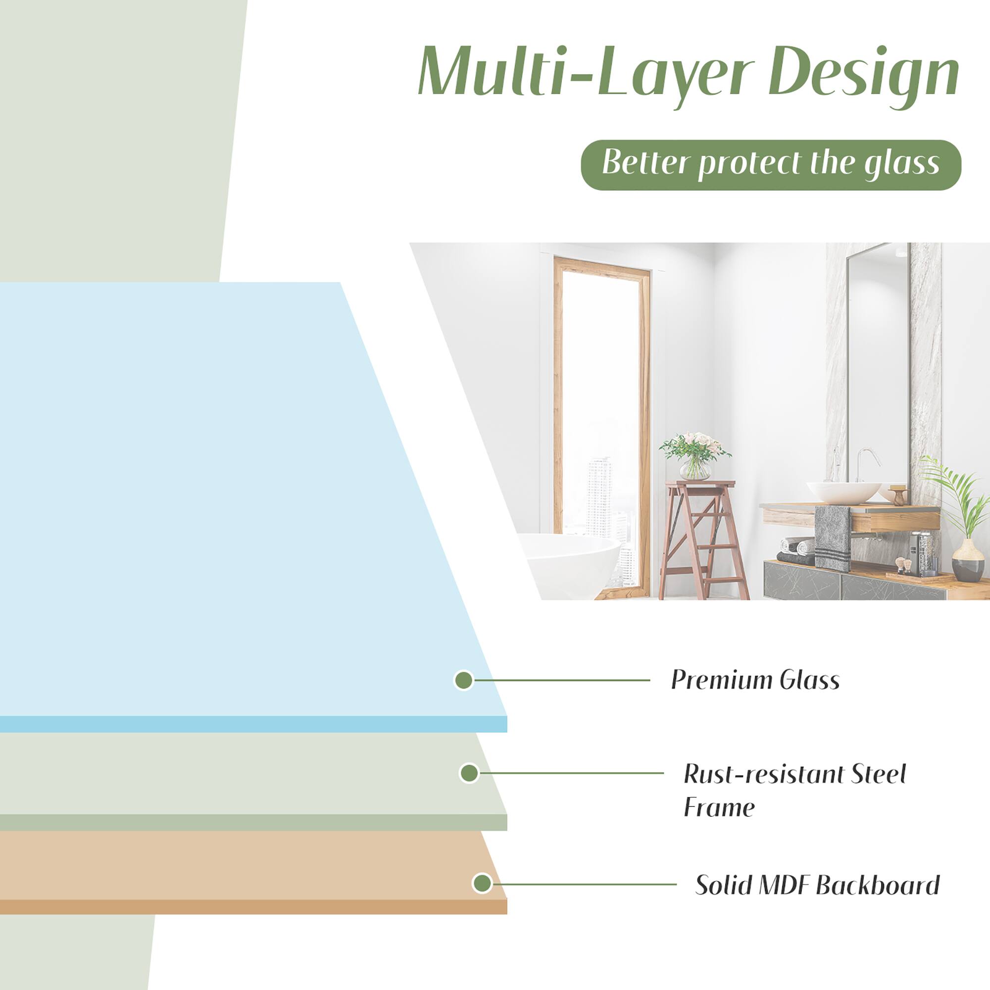 Multi-Layer Design  
Better protect the glass  

- Premium Glass  
- Rust-resistant Steel Frame  
- Solid MDF Backboard