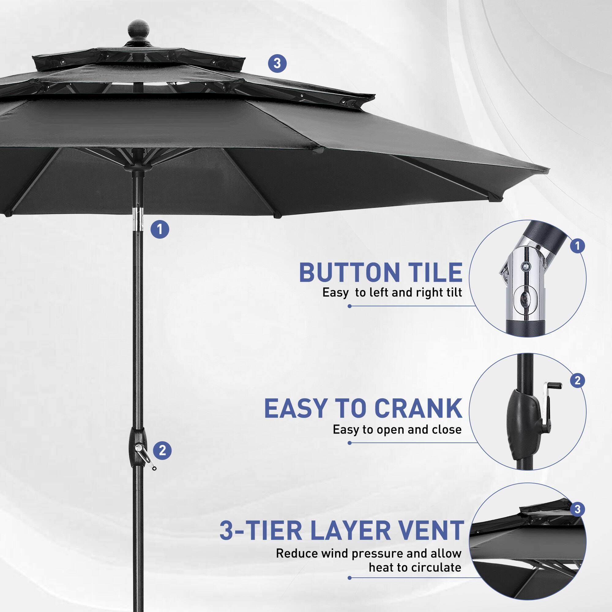 1. BUTTON TILE  
   Easy to left and right tilt

2. EASY TO CRANK  
   Easy to open and close

3. 3-TIER LAYER VENT  
   Reduce wind pressure and allow heat to circulate