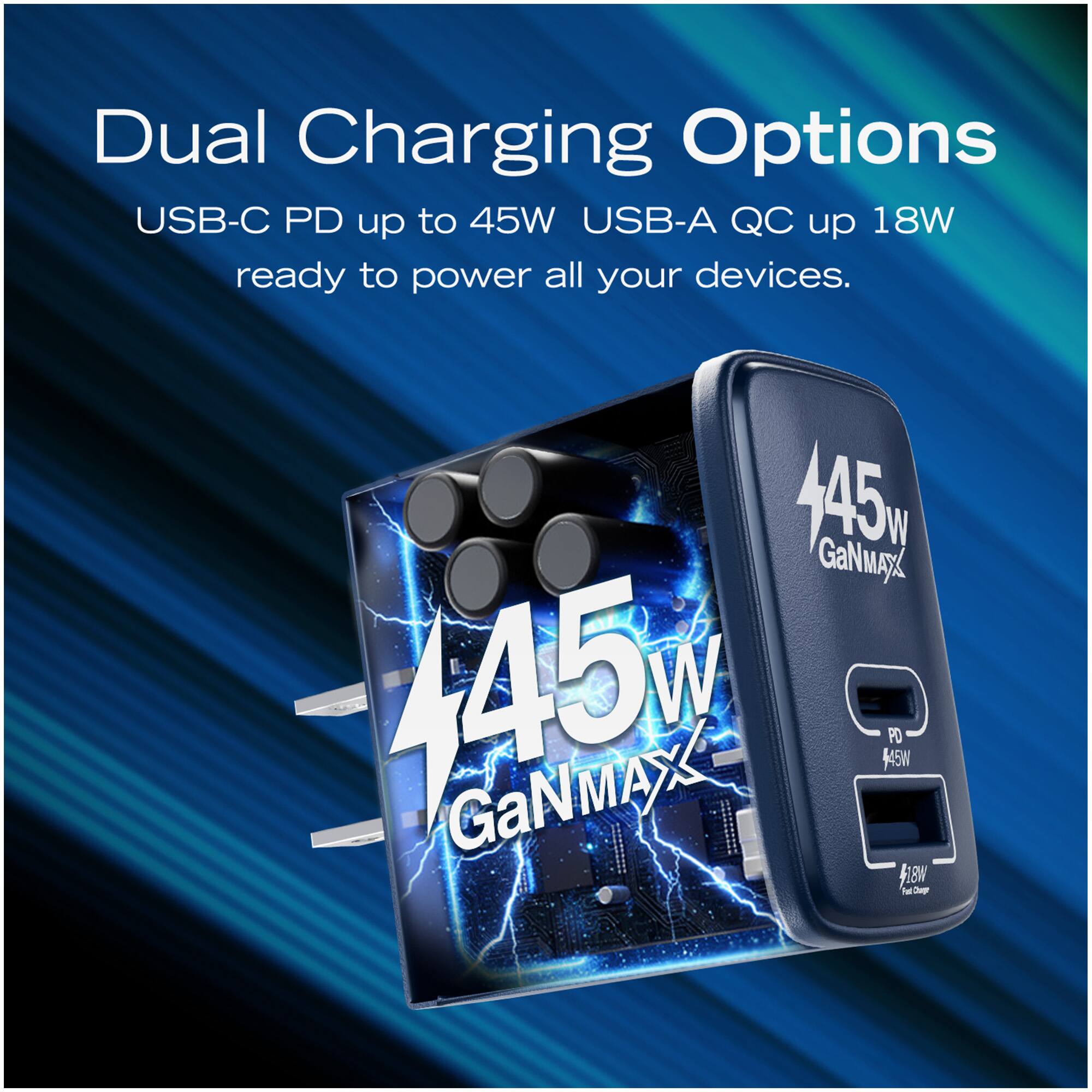 Dual Charging Options  
USB-C PD up to 45W  
USB-A QC up to 18W  
ready to power all your devices.  

445W GaNMAX  
445W PD