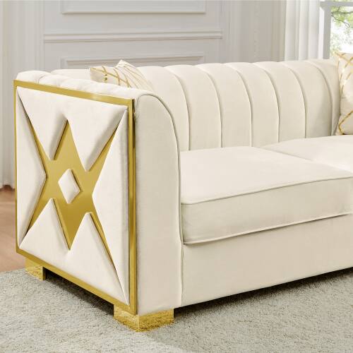 Left. Anysun - 81" 3-Seat Velvet Chesterfield Sofa - Button Tufted, Gold Stainless Steel Accents, Includes 2 Pillows - Beige.