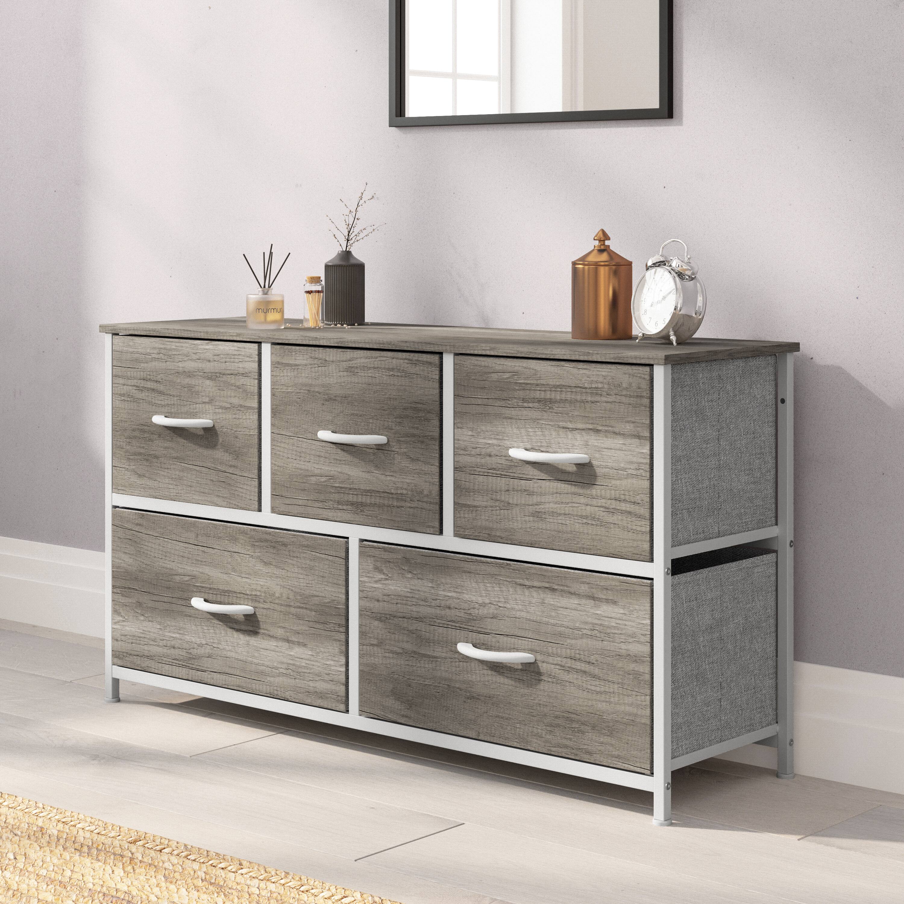 Alt View 1. Emma + Oliver - Marley 5 Drawer Storage Dresser with Cast Iron Frame, Wood Top, and Easy Pull Fabric Drawers with Wooden Handles - Light Natural Drawers/White Frame.