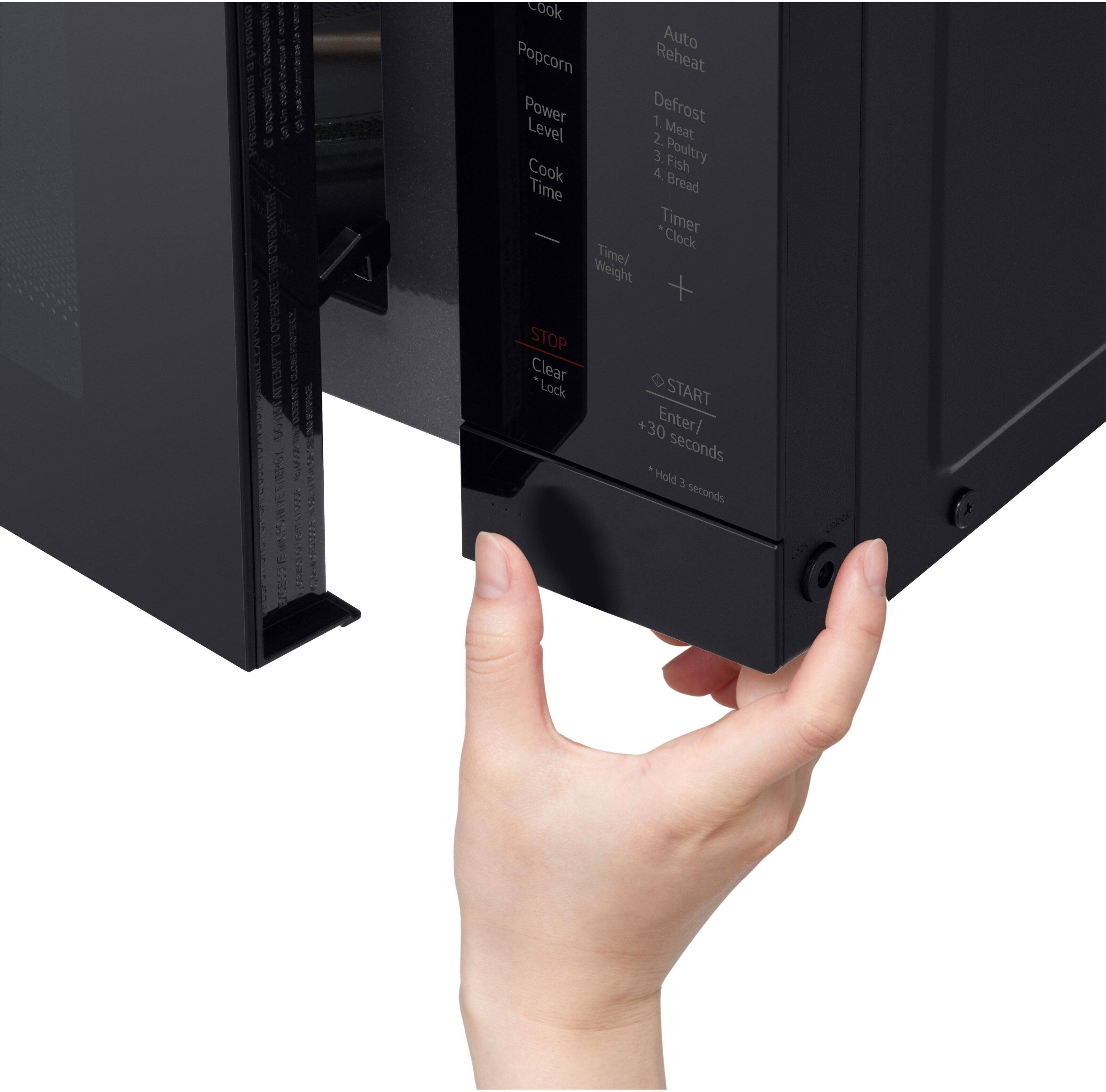 Sure, here is the corrected and grouped text from the image:

---

**Popcorn**  
**Reheat**  
**Power Defrost**  
1. Meat  
2. Poultry  
3. Fish  
4. Bread  

**Timer/Clock**  
Time/Weight  

**START**  
Enter/+30 seconds  
Hold 3 seconds  

**Clear**  
Lock  

**Level**  
1. Meat  
2. Poultry Fish  
3. Bread  

**Cook**  
Auto Popcorn Reheat Power Defrost  

**Time Timer Clock**  
Time/Weight  

**STOP**  
Clear Lock  

**Enter/+30 seconds**  
Hold 3 seconds  

---