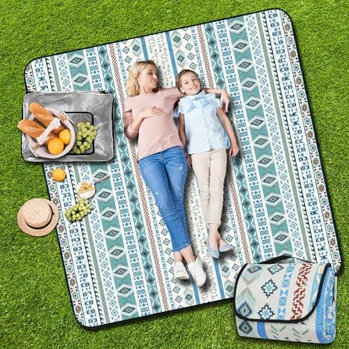 Earthley Blooms - Outdoor Picnic Blankets Waterproof Foldable Sandproof Extra Large Gingham Cute Mat Washable Portable For Pa - Greenish Blue-6'8" x 6'8" (Square)
