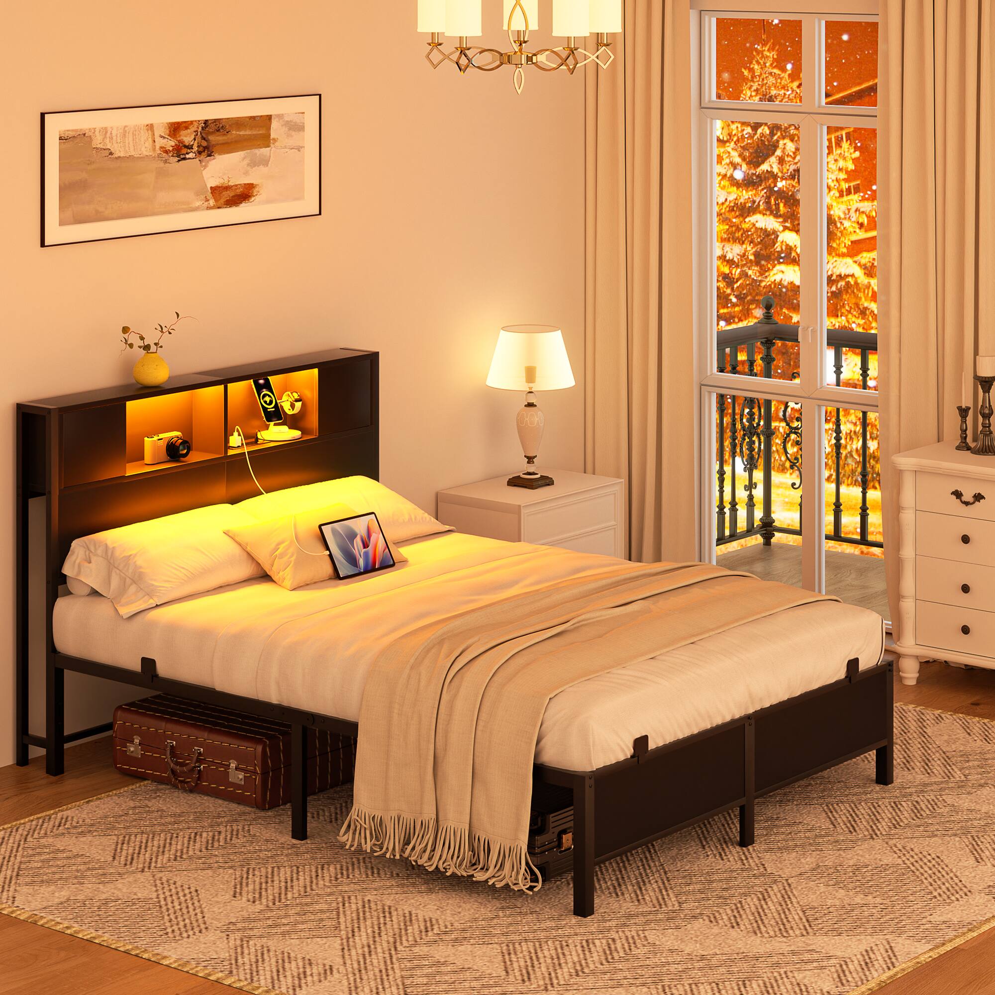 Left. Aheaplus - Industrial Metal Bed Frame: Storage Headboard / Charging, LED Lights, Steel Slats, No Box Spring, Easy Assembly - Black.