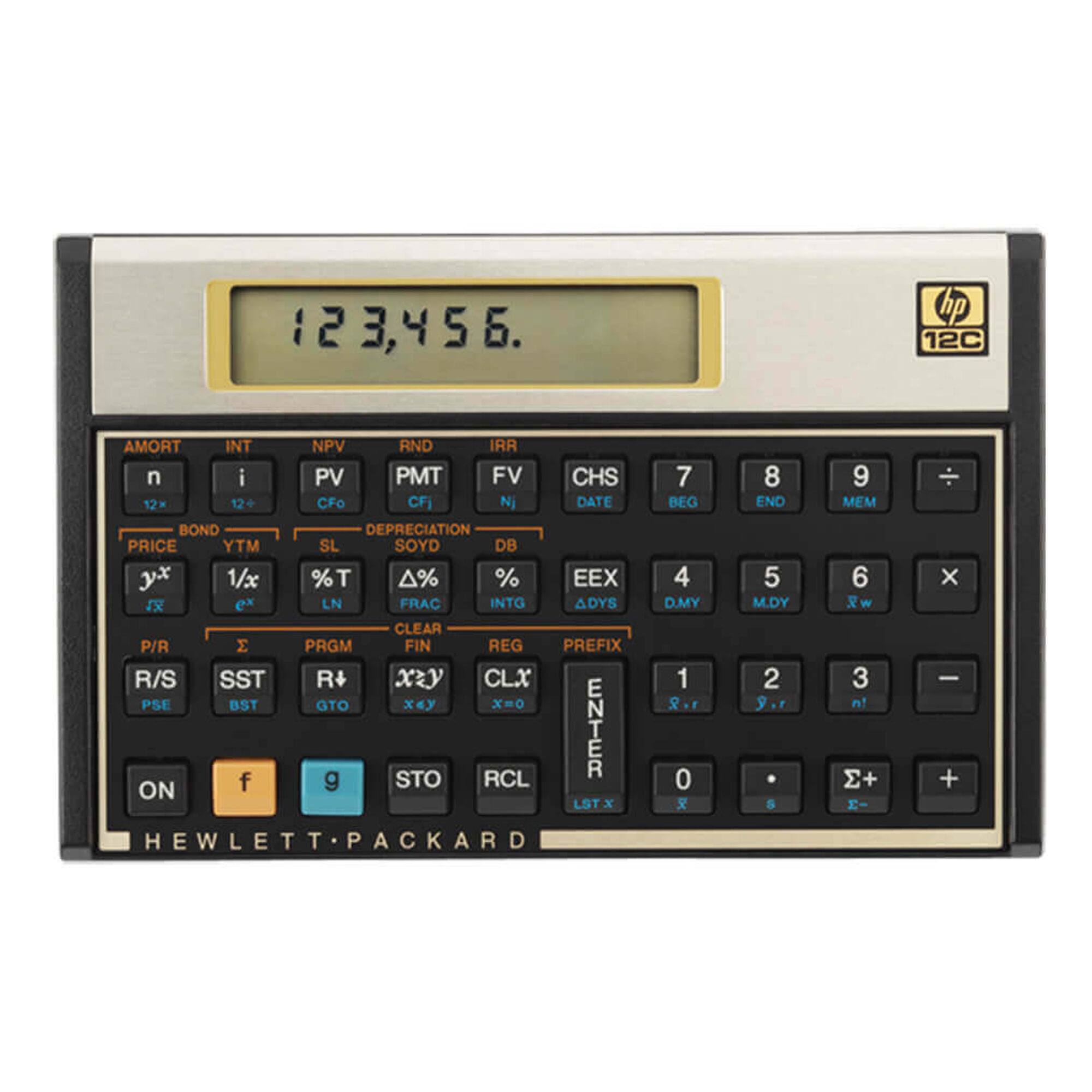 Sure, here is the corrected and grouped text from the image:

**Top Left:**
- 123,456.

**Top Right:**
- hp 12C

**Buttons (Left to Right, Top to Bottom):**
- AMORT
- INT
- NPV
- RND
- IRR
- n
- i
- PV
- PMT
- FV
- CHS
- 7
- 8
- 9
- DATE
- BEQ
- END
- MEM
- PRICE
- YTM
- SL
- SOYD
- DB
- y^x
- 1/x
- %T
- Δ%
- %
- EEX
- 4
- 5
- 6
- x
- P/R
- R/S
- SST
- R+
- CLX
- BST
- GTO
- x^2
- x^y
- x^0
- ON
- f
- g
- STO
- RCL
- ENTER
- 1
- 2
- 3
- -
- 0
- .
- +
-