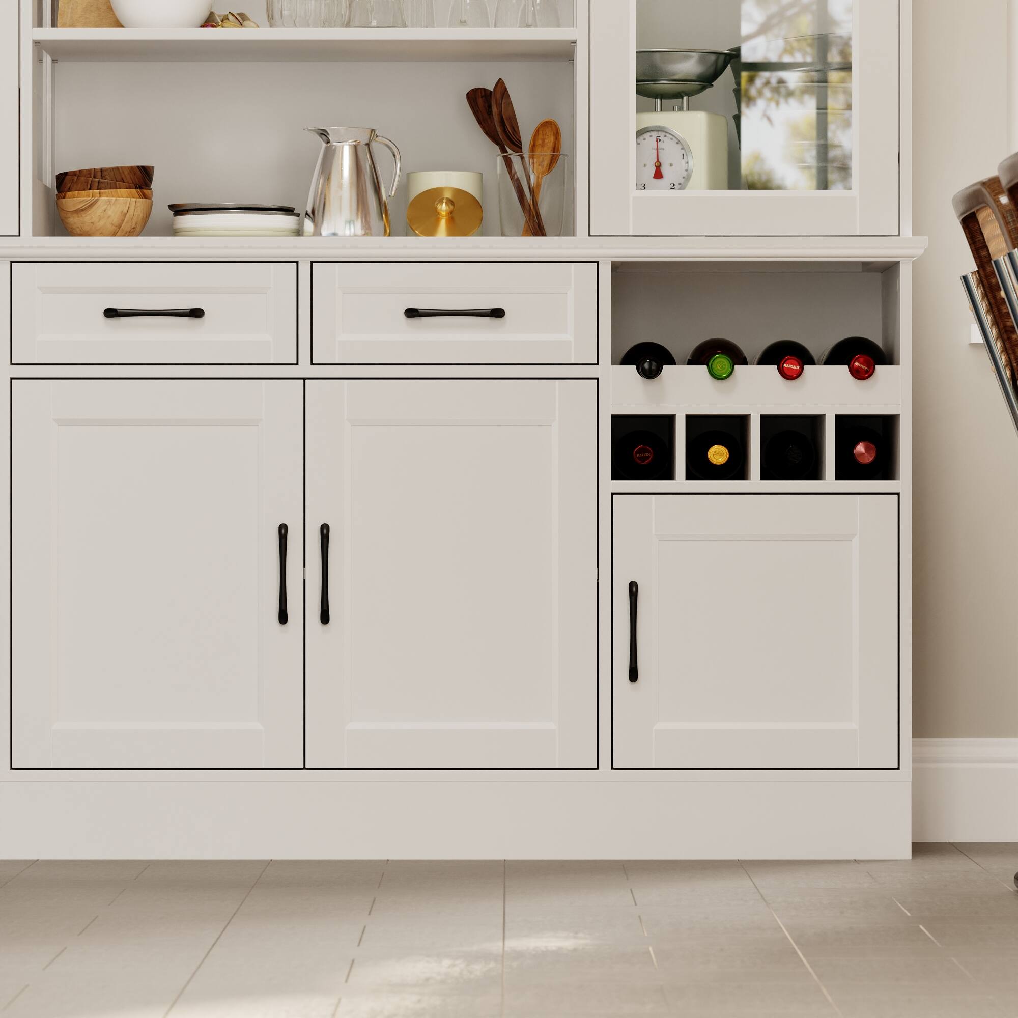 Alt View 4. Famapy - Famapy Multi - functional Kitchen Storage Cabinet - Adjustable Shelves, Glass Doors & Wine Rack - White.