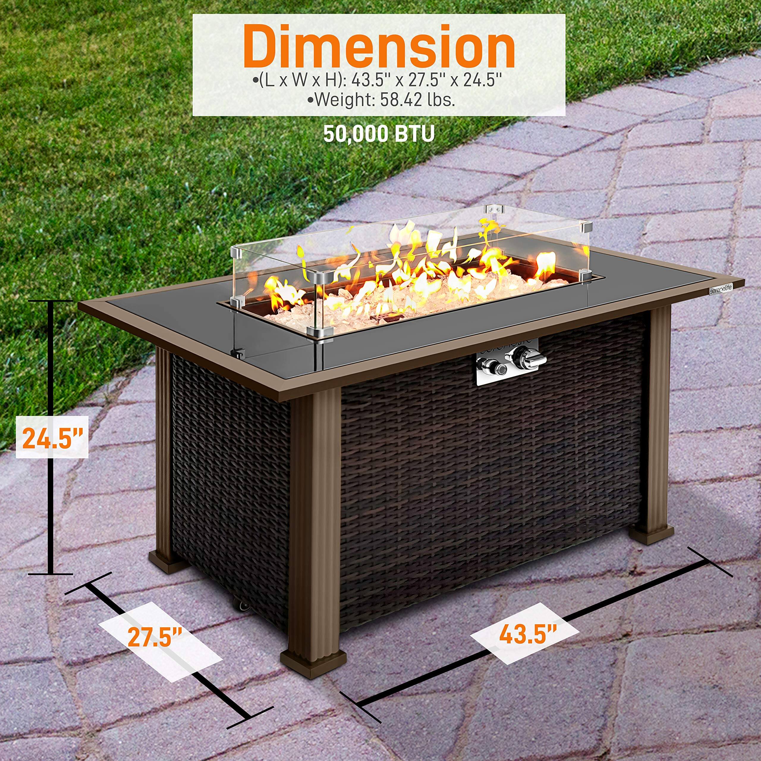 Dimension (L x W x H): 43.5" x 27.5" x 24.5"  
Weight: 58.42 lbs.  
50,000 BTU