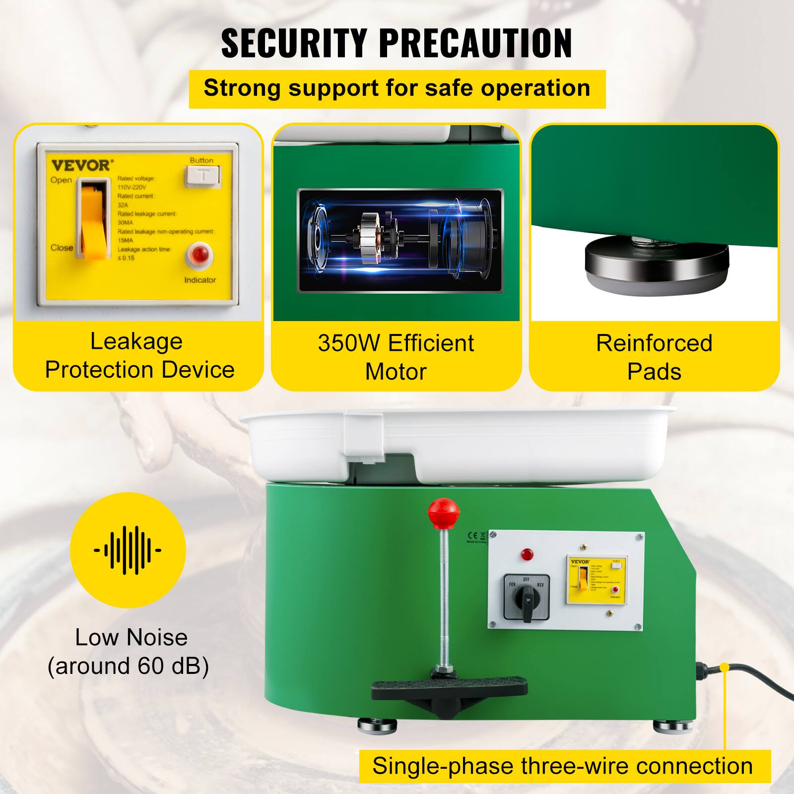 SECURITY PRECAUTION
Strong support for safe operation

Leakage Protection Device
350W Efficient Motor
Reinforced Pads

Low Noise (around 60 dB)
Single-phase three-wire connection