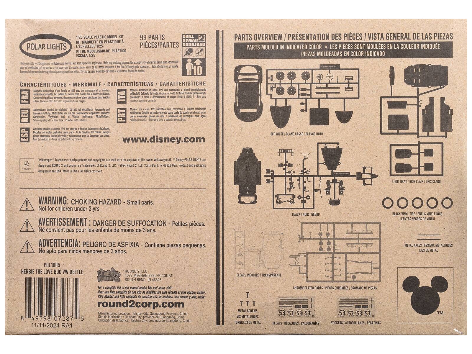 Sure, here is the corrected and grouped text from the image:

---

**POLAR LIGHTS**

**1/25 SCALE PLASTIC MODEL KIT**  
**KIT MAQUETTE EN PLASTIQUE À L'ÉCHELLE 1/25**  
**KIT DE MODELISMO DE PLÁSTICO A ESCALA 1/25**

This kit is not suitable for children under 3 years. Recommended for Modelers and Hobbyists. Adult supervision is required.  
Ce kit n'est pas adapté aux enfants de moins de 3 ans. Recomendado para modelistas y aficionados. Supervisión de adultos necesaria.  
Este kit no es adecuado para niños menores de 3 años. Recomendado para modelistas y aficionados. Supervisión de adultos necesaria.

**99 PARTS / PIECES / PARTES**

**SKILL LEVEL 2 / NIVEL 2 / HASILIDAD 2**

**CARACTERÍSTIQUES / MERKMALE / CARACTERÍSTICAS / CARATTERISTICHE**

- Magiquez un modèle de voiture à l'échelle 1/25 avec une lumière intégrée.  
-