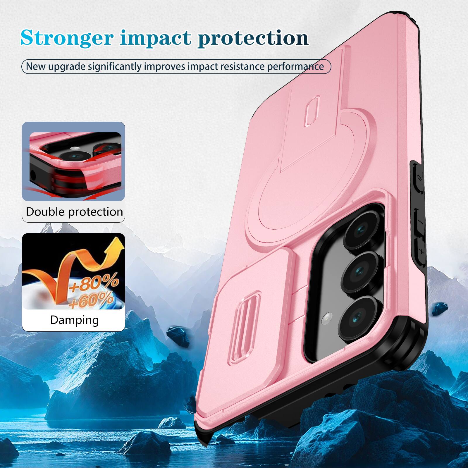 Stronger impact protection  
New upgrade significantly improves impact resistance performance  
Double protection  
+80% +60% Damping