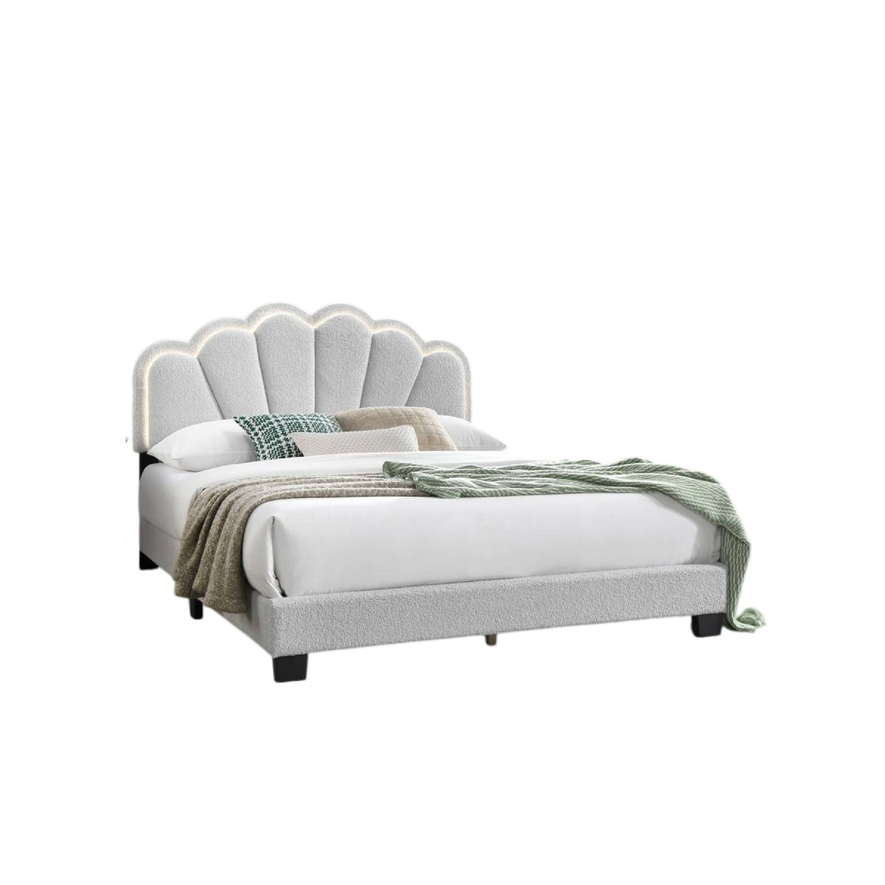 Alt View 2. Manhattan Lane - Geny Queen Size Bed, Classic White Wool Upholstery and LED, Glam Arch - White, Black.