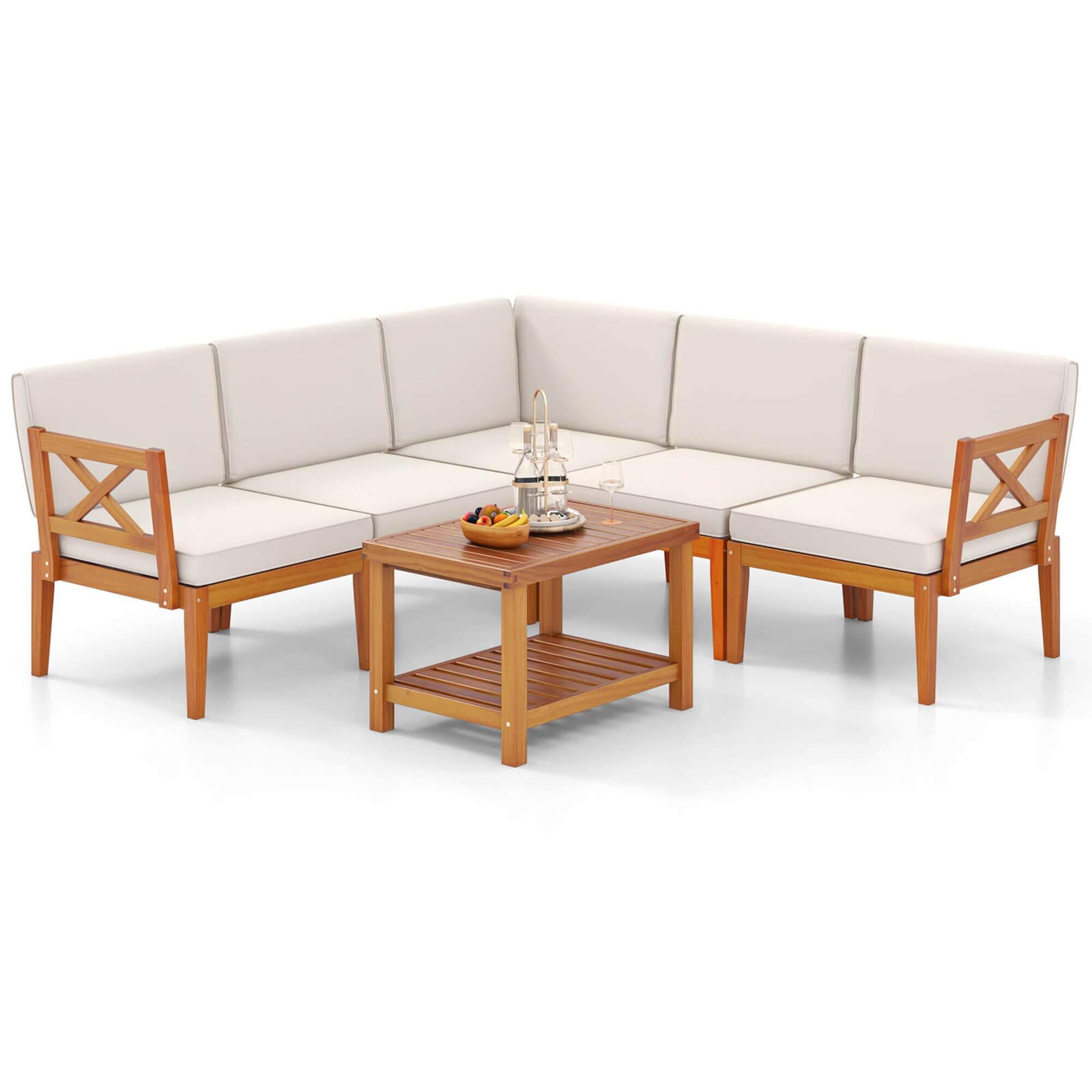 Alt View 9. Costway - 6 PCS Acacia Wood Patio Furniture Set with Cushions and 2-Tier Coffee Table - Off White,Natural.