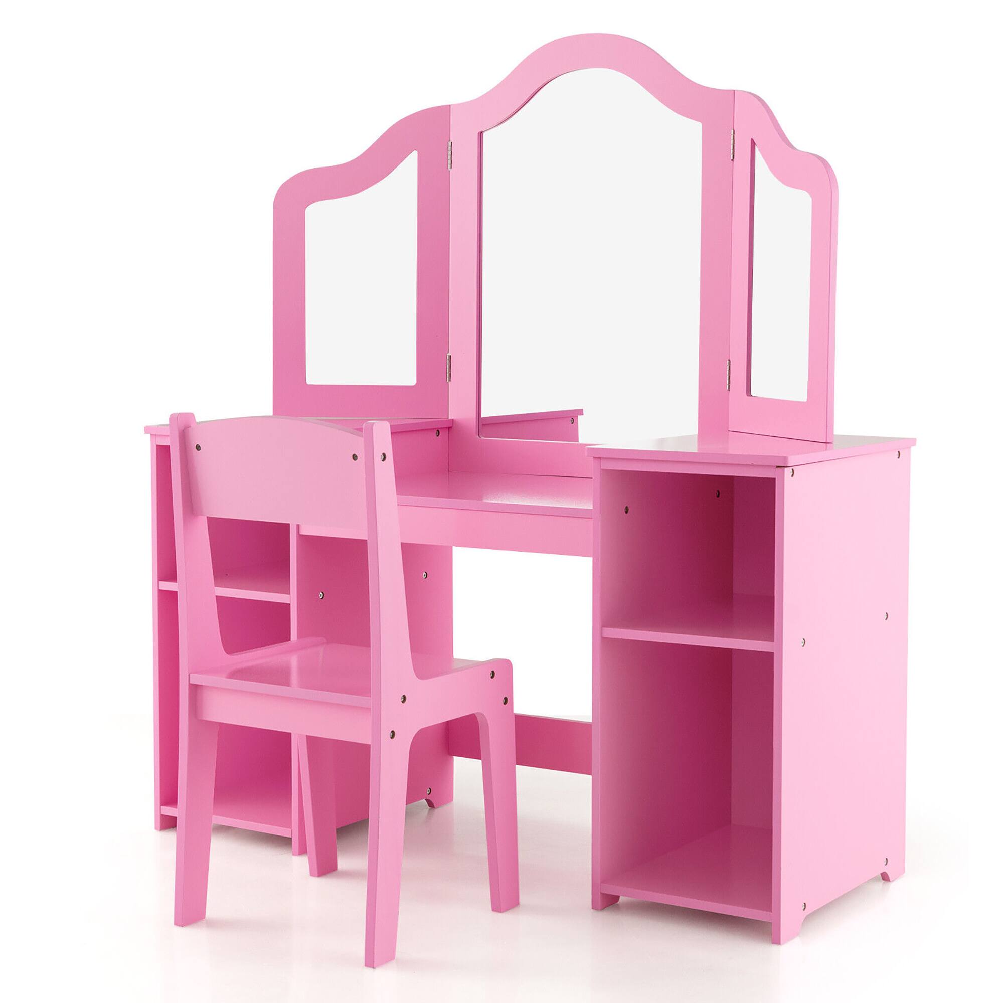 Alt View 8. Gymax - Gymax Kids Vanity 2 in 1 Princess Makeup Desk & Chair Set Safe Tri-fold Mirror Pink - Pink.