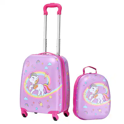 Front. VEVOR - Kids Luggage Set, 2 Piece, 18 Inch Hardside Rolling Wheels Suitcase with Hard-Shell Backpack, Unicorn Kids Carry - Pink.