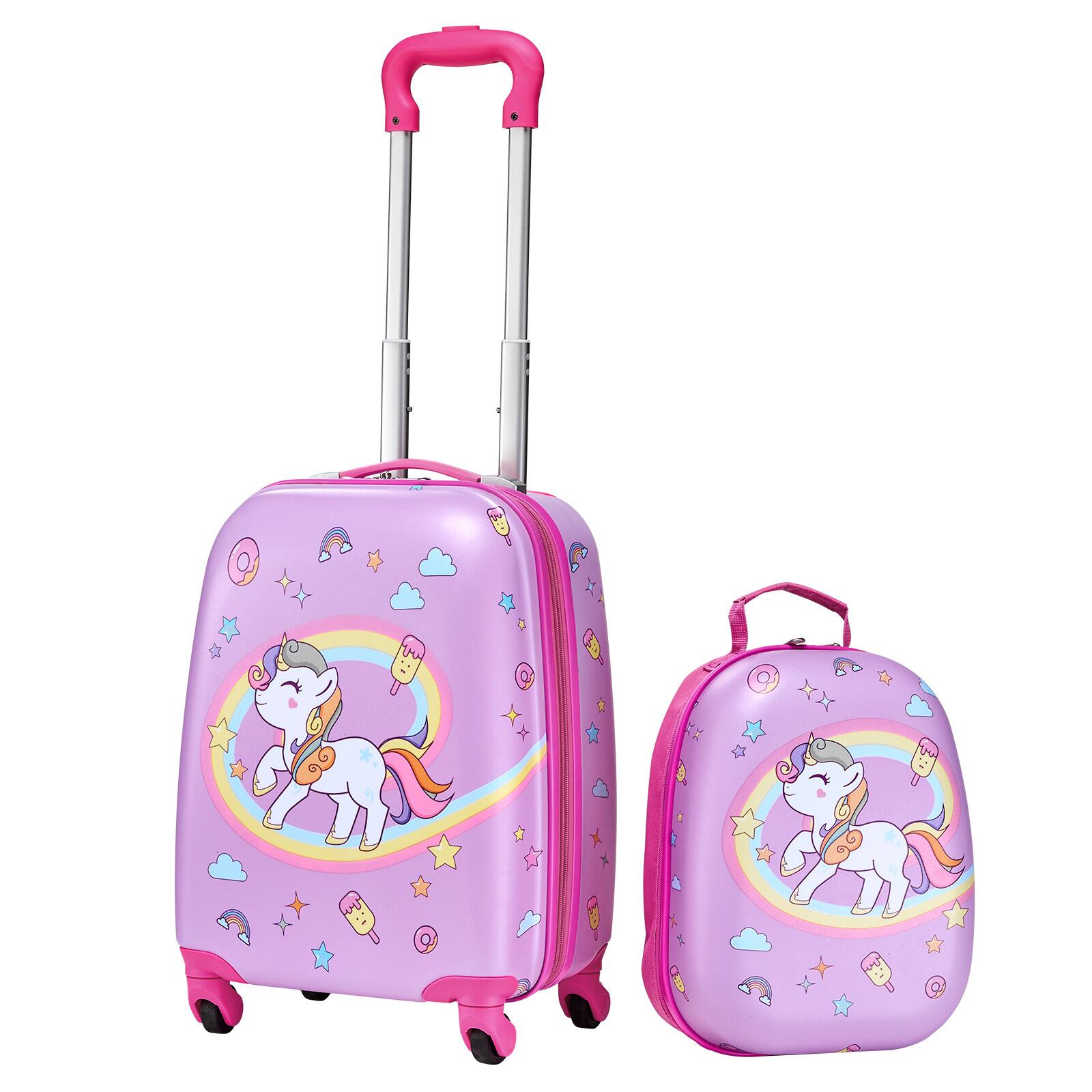 Front. VEVOR - Kids Luggage Set, 2 Piece, 18 Inch Hardside Rolling Wheels Suitcase with Hard-Shell Backpack, Unicorn Kids Carry - Pink.
