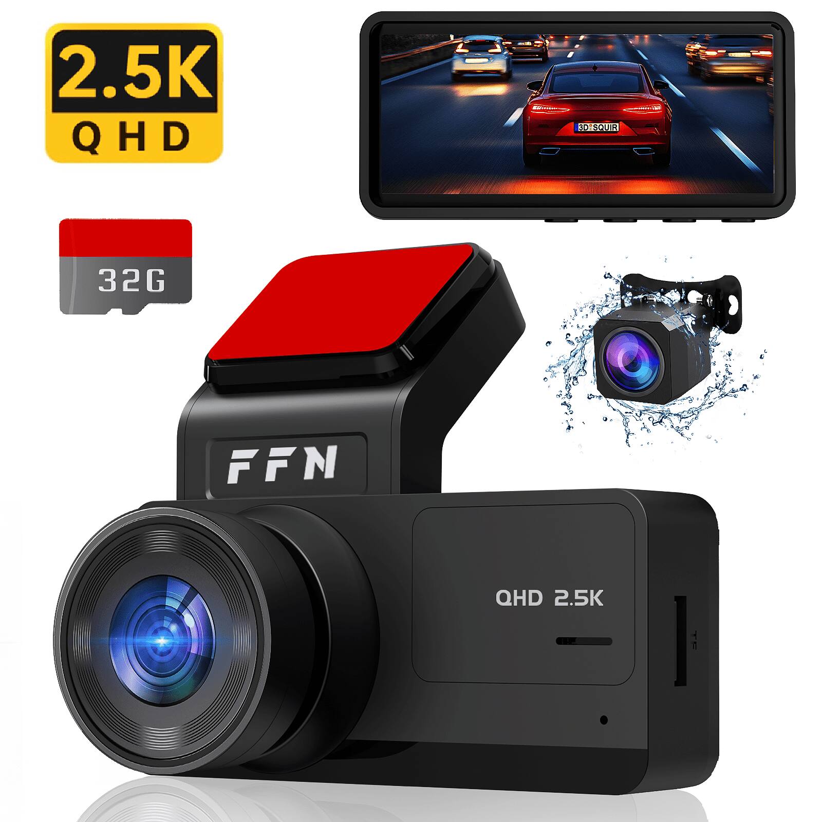 E-YEEGER - 2.5K/1080P Dual Dash Cam, 170° Wide-Angle, Night Vision, WDR, 3.16" IPS Display, FREE 32GB SD - Black